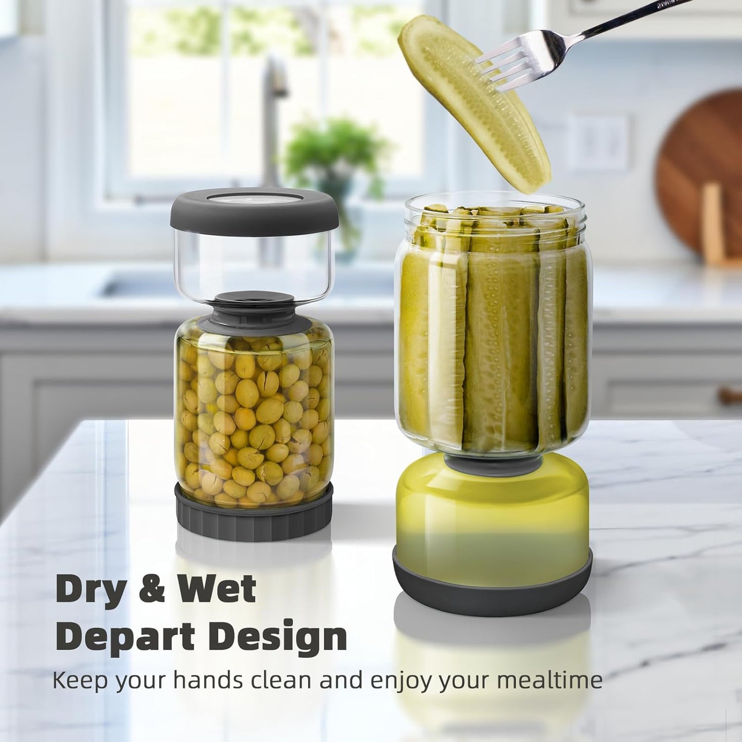 WhiteRhino Glass Pickle Jar with Strainer Flip,46oz longer Pickle Container,Hourglass Pickle Juice Separator Jar for Olives,Gherkins,Long cucumber or Sliced,Leakproof Dishwasher Safe