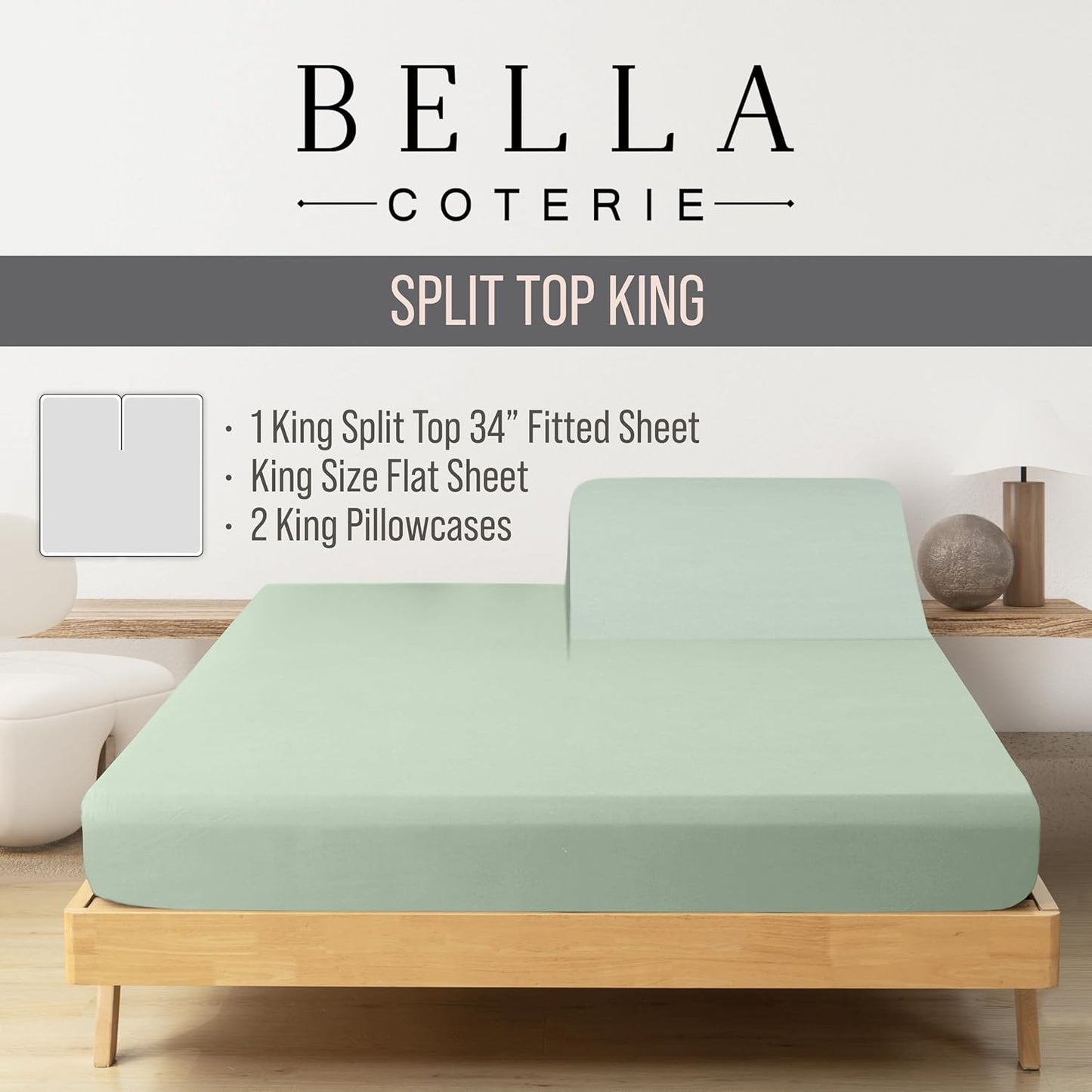 Bella Coterie Luxury Bamboo Viscose Split Top King Size Sheet Set | 100% Organically Grown | Ultra Soft | 34" Split | Cooling for Hot Sleepers | 18" Deep Pocket [Sea Glass]