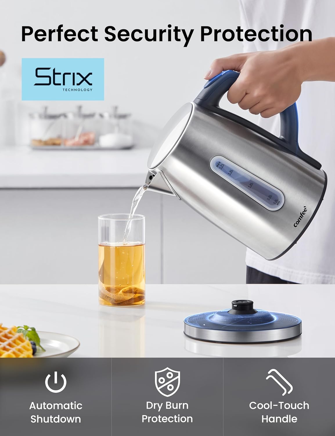 COMFEE' Stainless Steel Electric Kettle, Temperature Control with 6 Presets, 1-Hr Keep Warm, Kettle Water Boiler 1.7 Litres, 1500W with Viewing Window, Auto-Off and Boil-Dry Protection