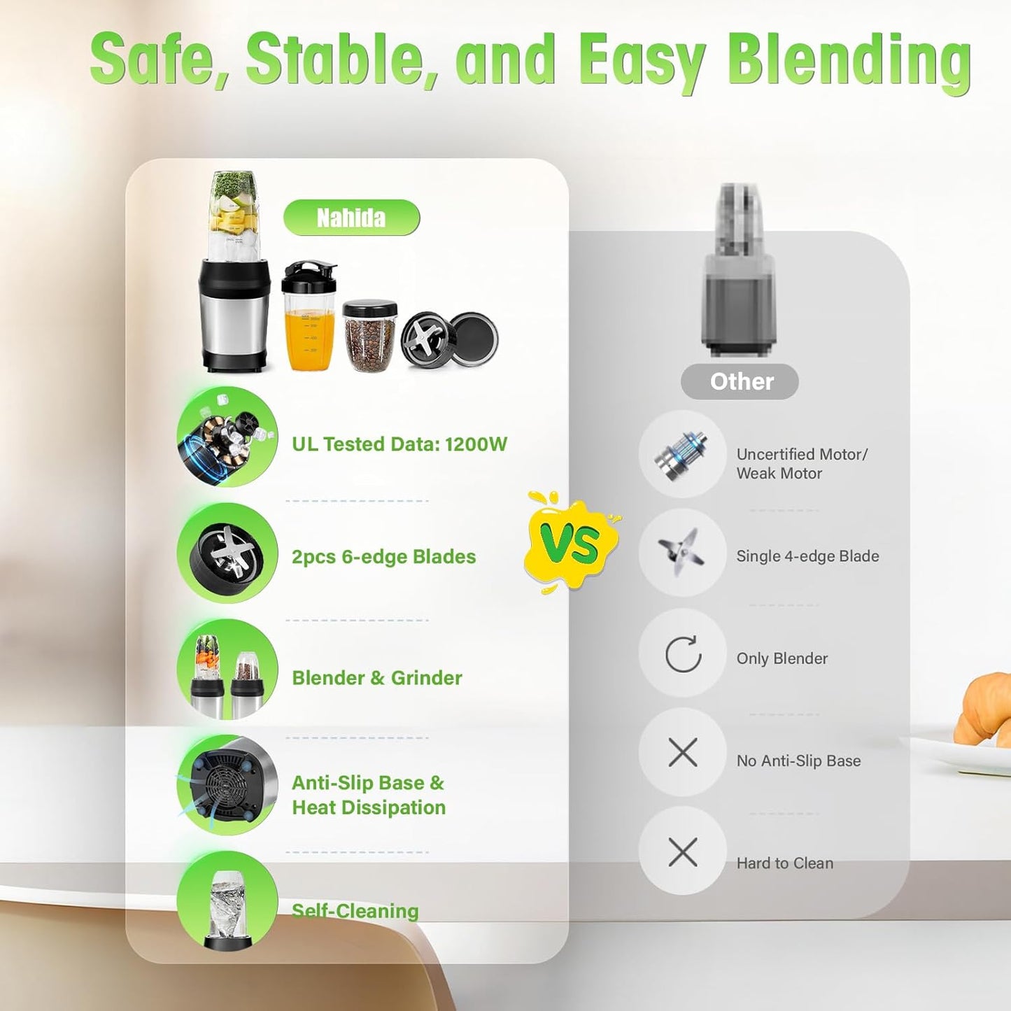 Nahida Blender for Smoothies, 1200W Smoothie Blender for Ice Crushing, Blenders with (2) 6-Fin Blades, Personal Blenders for Kitchen with 23oz, 32oz, 37oz Easy Go Cups for Juices, Silver