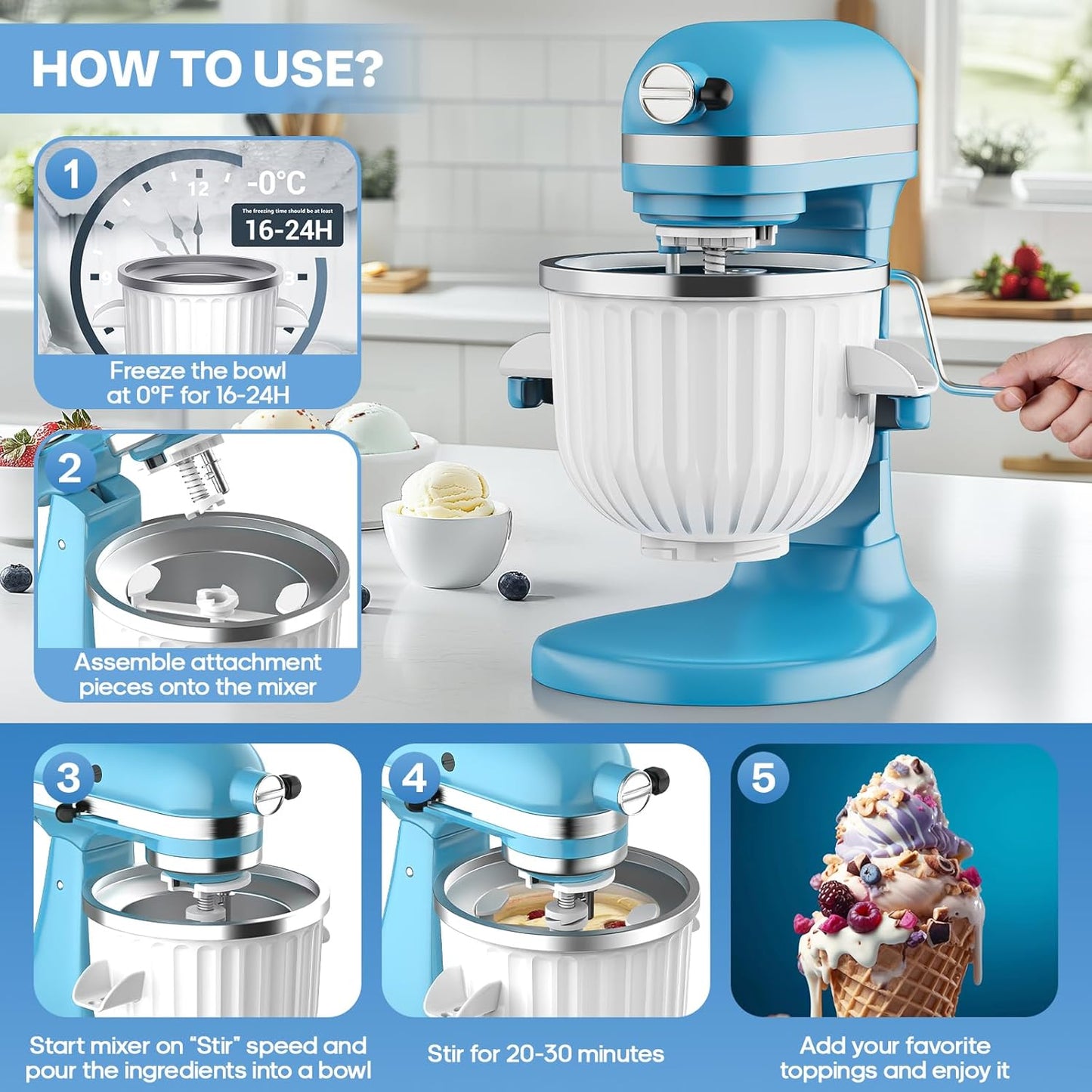 GVODE Ice Cream Maker Attachment for KitchenAid - Upgraded Leak-Proof Design, 2 Quart Bowl Compatible with 4.5QT to 7QT Models,Homemade Sorbet Gelato,Yogurt & Ice Cream attachment for Kitchen aid