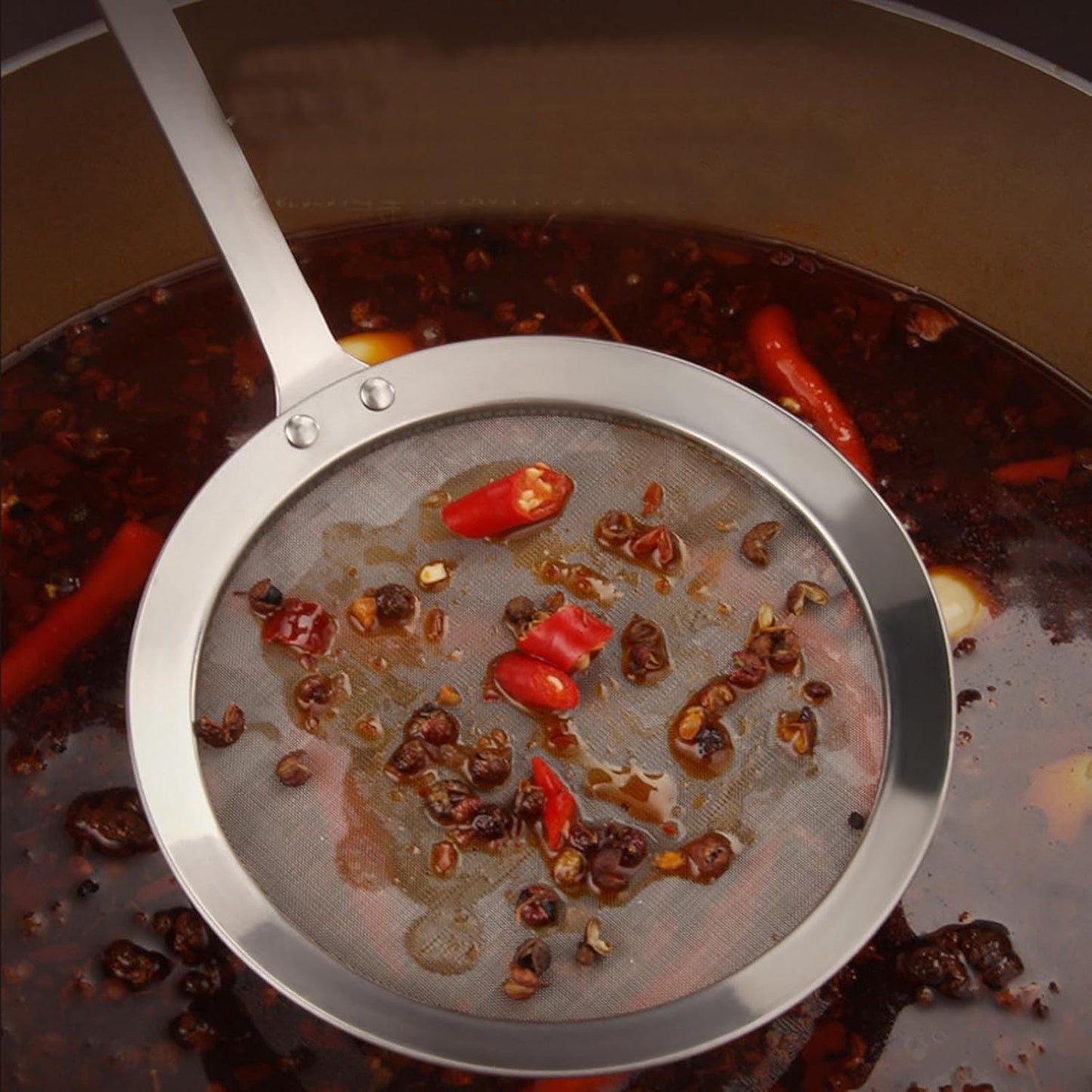 Stainless Steel Fat Skimmer Spoon, Kitchen Fine Mesh Food Strainer and Hot Pot Skimmer with Long Handle for Skimming, Cooking, Frying, Grease, Gravy and Foam (5.5" Fine Mesh Skimmer)