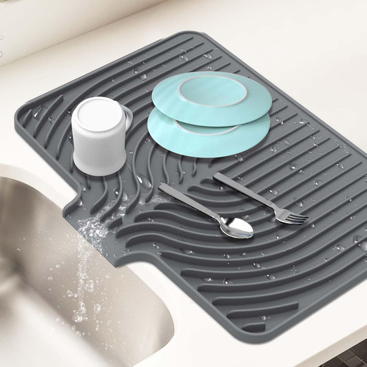 Silicone Dish Drying Mat for Kitchen Counter with Built-in Drain, Easy Clean Pad for Countertop Protection, Fast Self-Draining Slope, Non-Slip, Multiple Use 17.7 x 11.8 Inch (Grey)