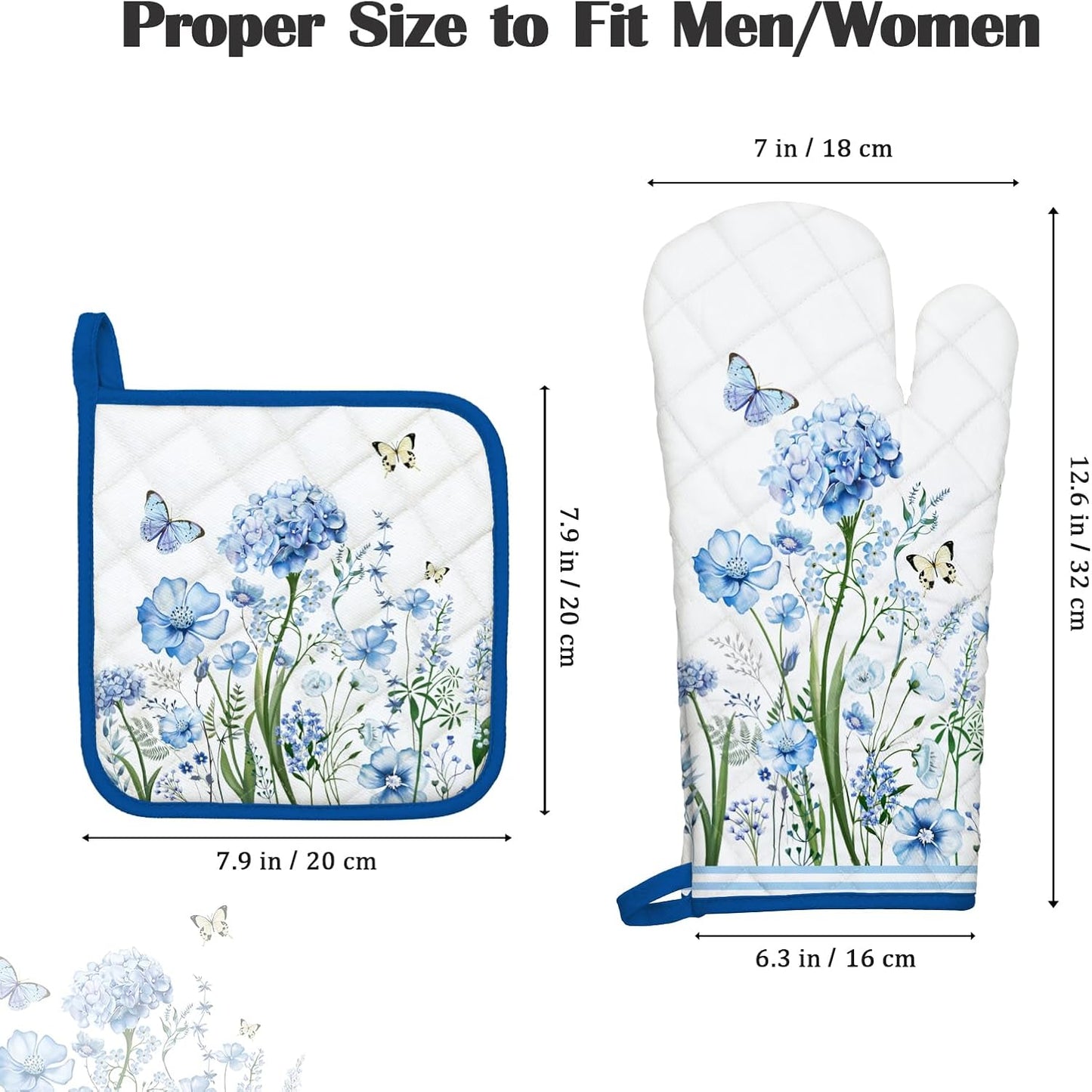 Blue Floral Oven Mitts and Pot Holders Sets 4Pcs, 100% Cotton Heat Resistant, Extra Long Oven Gloves Potholder for Kitchen Cooking Baking Decoration