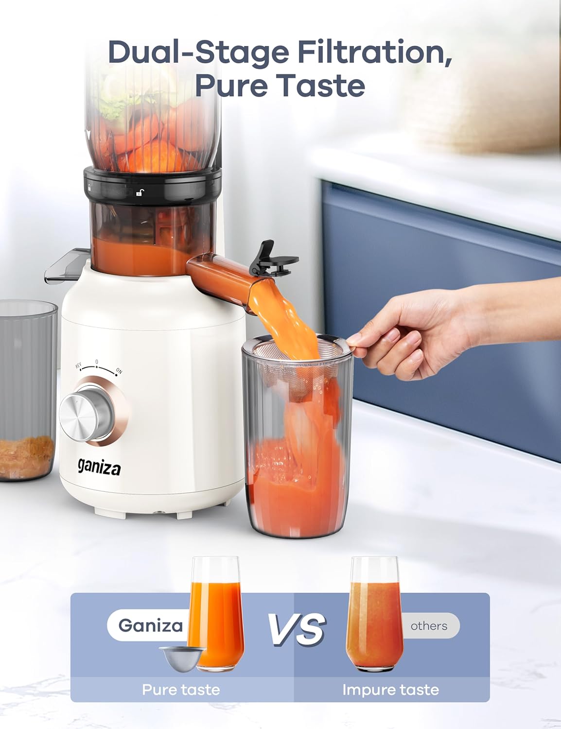 Ganiza Juicer Machines, Cold Press Juicer with 4.3" Large Feed Chute for Whole Fruits & Vegetables, Slow Masticating juicers with 3 Replace Filters for Batch Juicing, Easy to Clean, BPA Free (White)