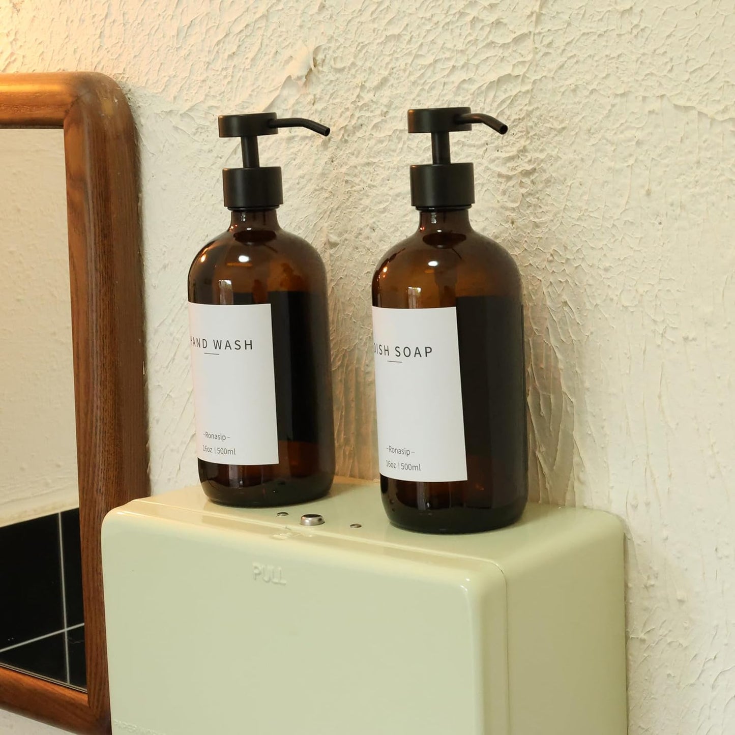 Set of 5 Kitchen Soap Dispenser Set 16 Oz Glass Hand Dish Soap Dispenser with Stainless Steel Pump, Cement Tray, Dish Scrub Brush for Farmhouse Rustic Home Bathroom Decor (Brown)