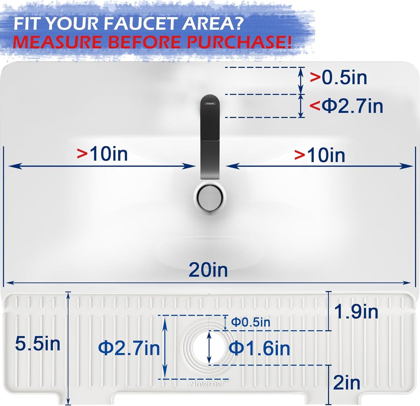 Kitchen Sink Splash Guard, 20IN Longer Silicone Faucet Guard & Draining Mat, Bathroom and Kitchen Sink Organizer, Sink Faucet Mat Water Splash Guard Behind Faucet Accessories Gadget, 20” x 5.5”, White