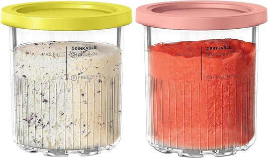 Pints Compatible with Ninja Creami NC500 Series Creami Deluxe Ice Cream Makers, BPA-Free & Dishwasher Safe, Color Lids, 2 Pack, 24OZ Family Ice Cream Storage Containers Clear/Coral/Yellow
