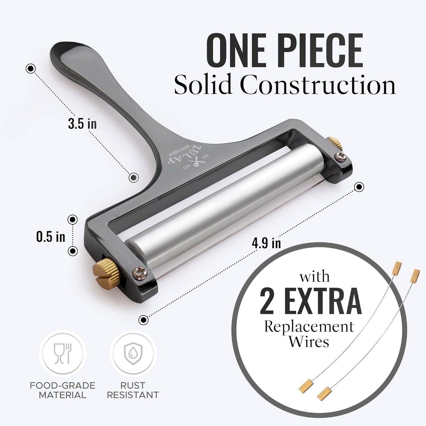 Zulay Kitchen Stainless Steel Wire Cheese Slicer - Adjustable Hand Held Cheese Cutter with 2 Extra Wires - Premium Cheese Shaver For Mozzarella, Cheddar, Gruyere - Cheese Cutter with Wire (Gunmetal)