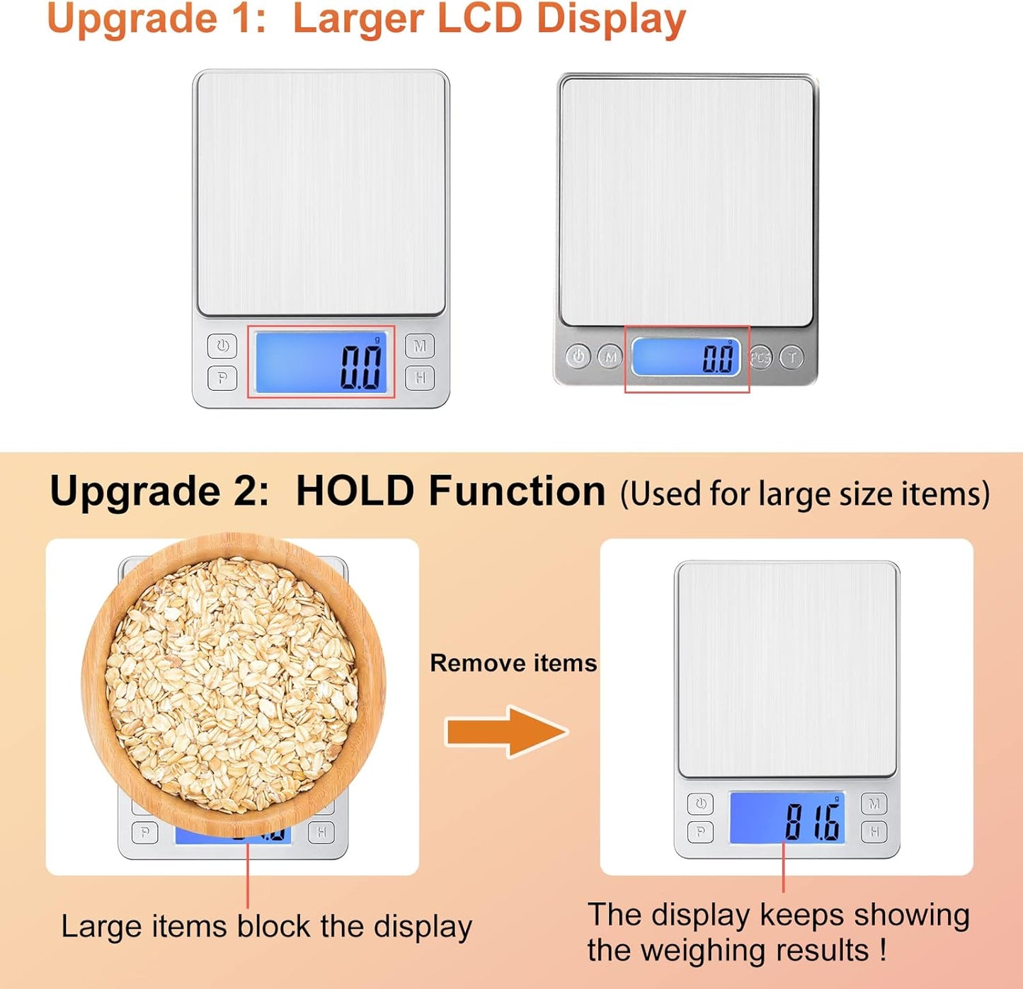 BOMATA Upgraded Small Food Scale, 0.1 g/0.001 oz High Precision, 3000 g/6.6 lb, with New Hold Function and Larger Display, USB Rechargeable, Digital Kitchen Scale for Small Item, Jewelry. Sliver