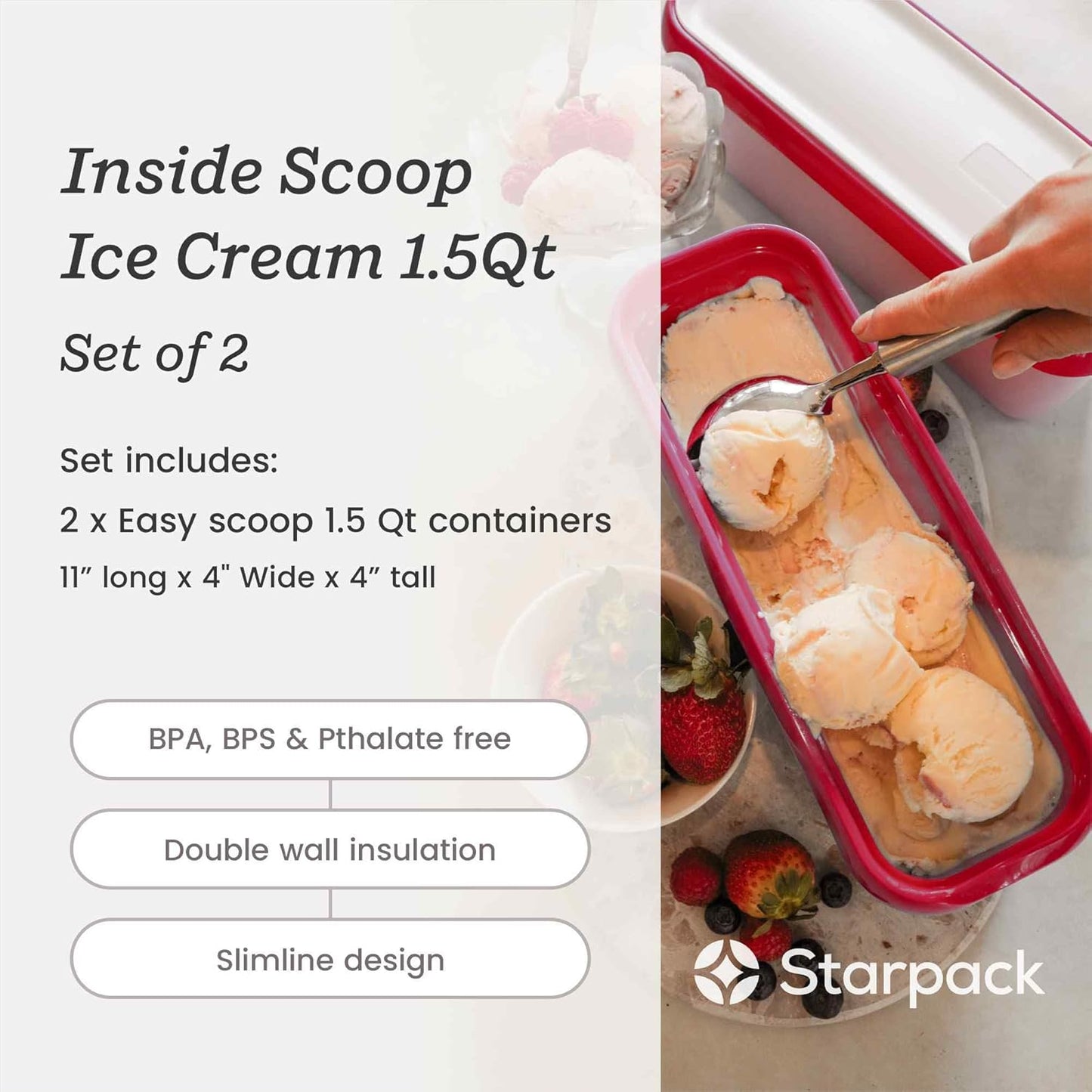 Starpack 'Inside Scoop' Ice-Cream Storage Container for Freezer (2 Pcs) - 1.5 Quart Ice Cream Containers for Homemade Ice Creams - Reusable Dessert Containers with Lids - Leak-Free Lids (Silicone)