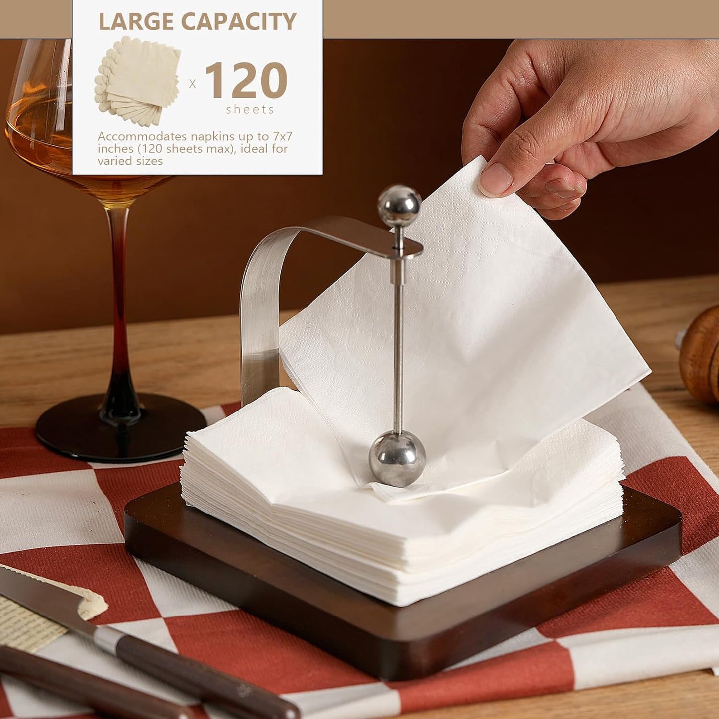 Napkin Holder, Wood Square for Table Dispenser with Weighted Arm, Perfect for Kitchen, Office, Restaurant,Home Décor, Cafe, Warming Gift