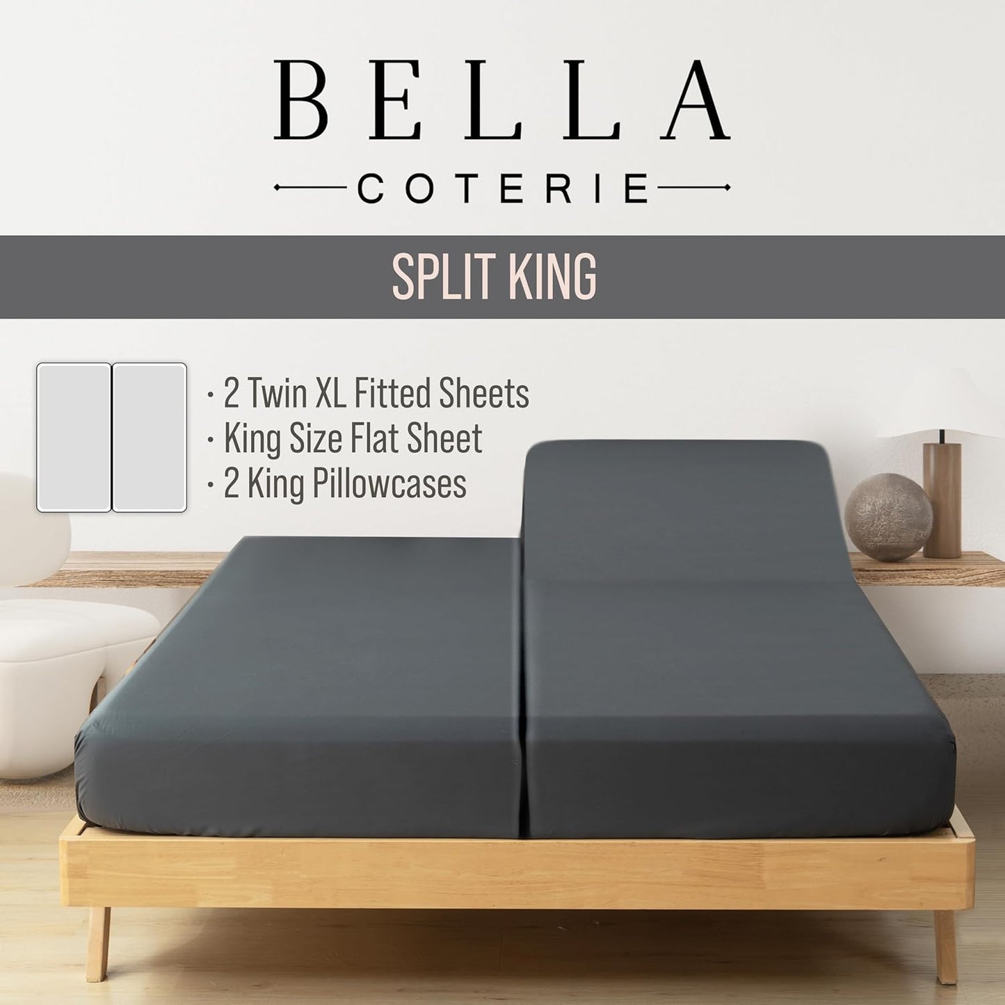 Bella Coterie Luxury Bamboo Viscose Split King Size Sheet Set | 100% Organically Grown | Ultra Soft | Cooling for Hot Sleepers | 18" Deep Pocket [Charcoal Grey]