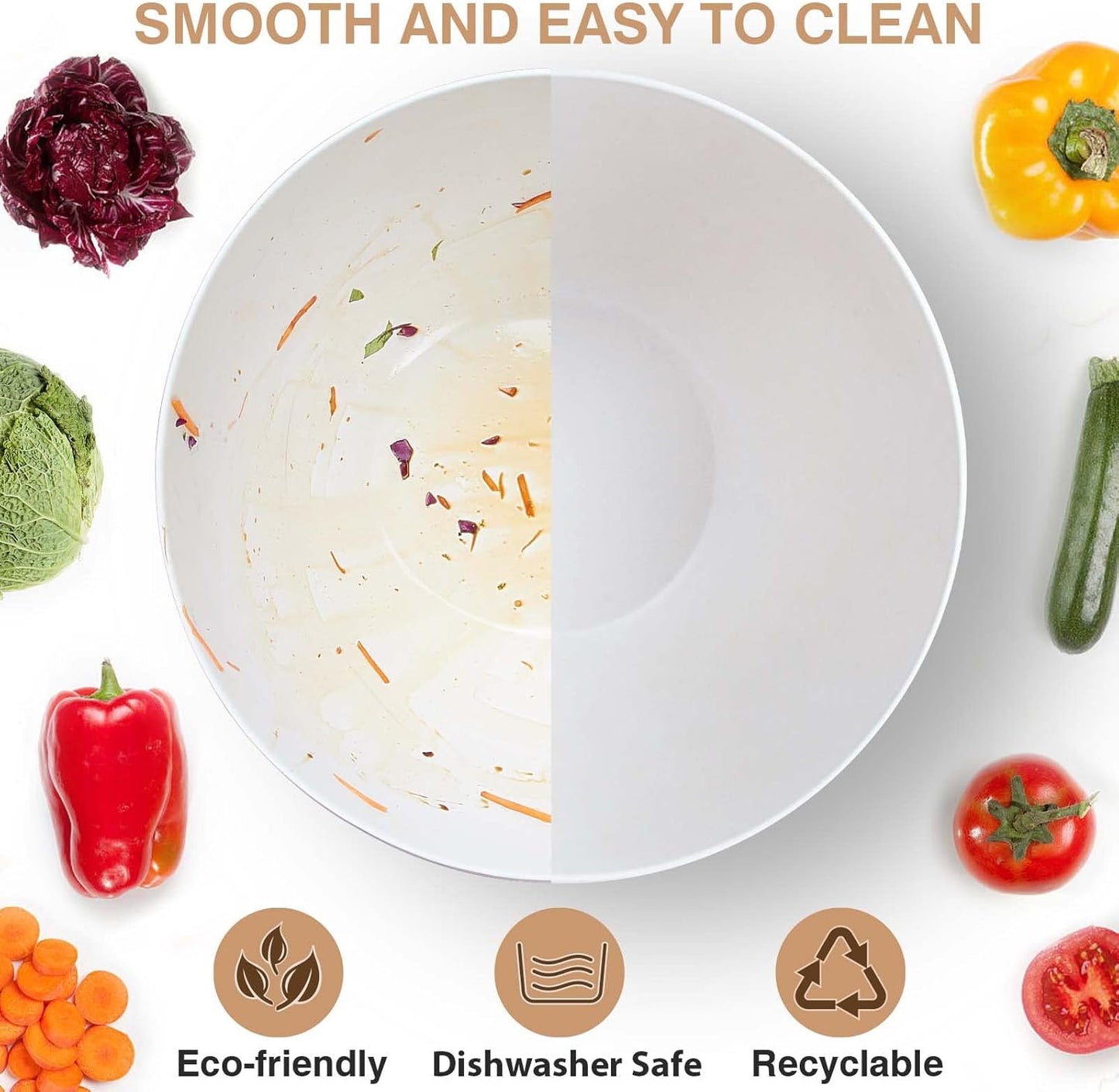 12.6" Extra Large Salad Serving Bowl Set with Wooden Lid&Utensils, 8.4Qt. Bamboo Fiber Salad Bowl with Servers for Kitchen, Lightweight Big Bowl White for Mixing Salad,Fruit,Pasta