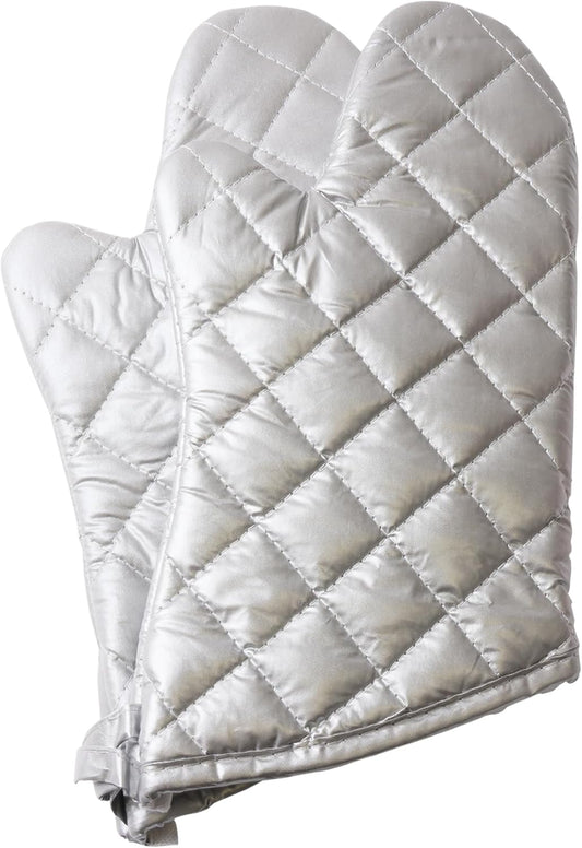 Silver Oven Mitts,Quilted Cotton Lining 13 Inch Oven Gloves,Heat Resistant for Kitchen Cooking,Grilling,Backing,Set of 2
