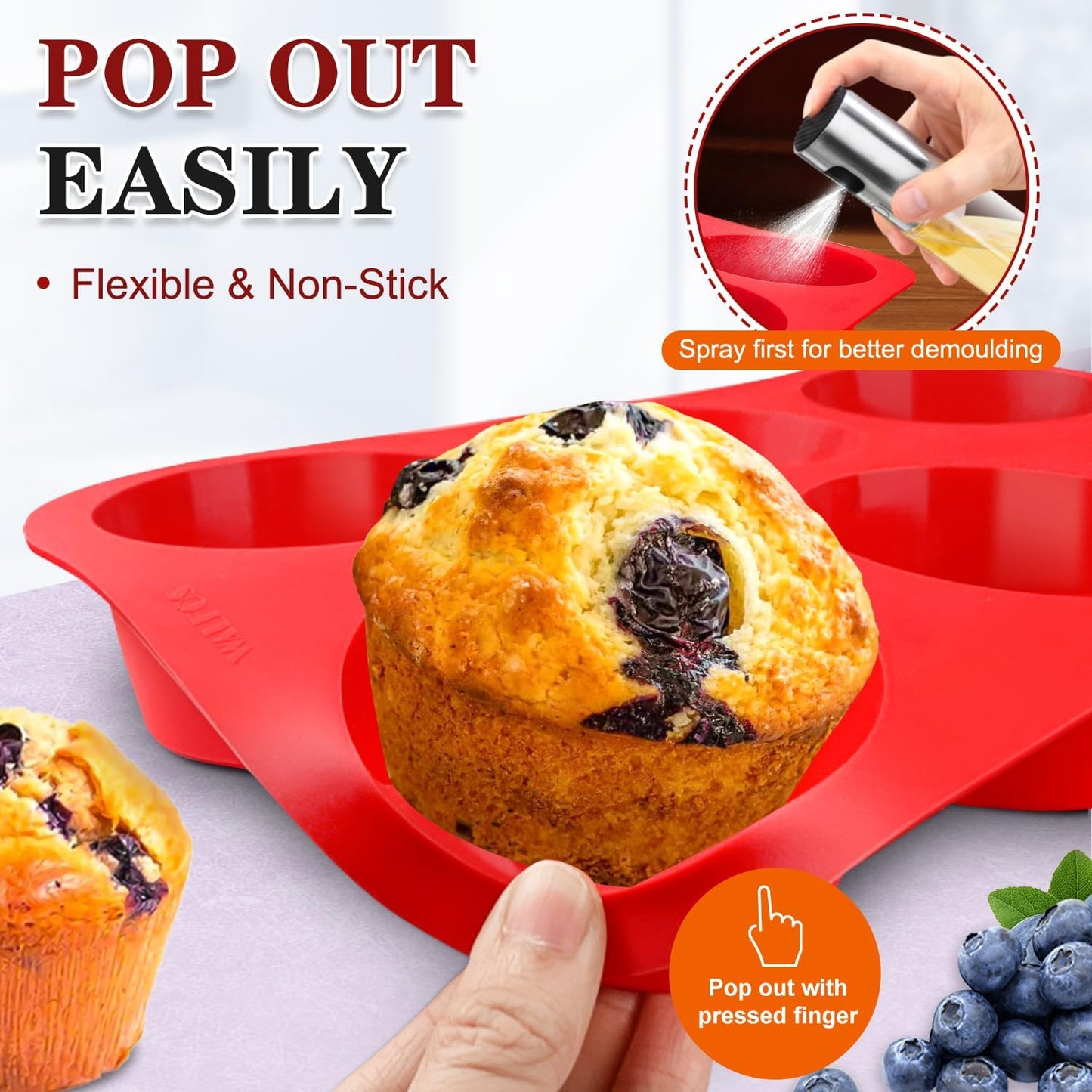 Walfos Silicone Texas Muffin Pan Set- 6 Cup Jumbo Silicone Cupcake Pan, Non-Stick, Just PoP Out! Perfect for Egg Muffin, Big Cupcake - BPA Free and Dishwasher Safe, Set of 2