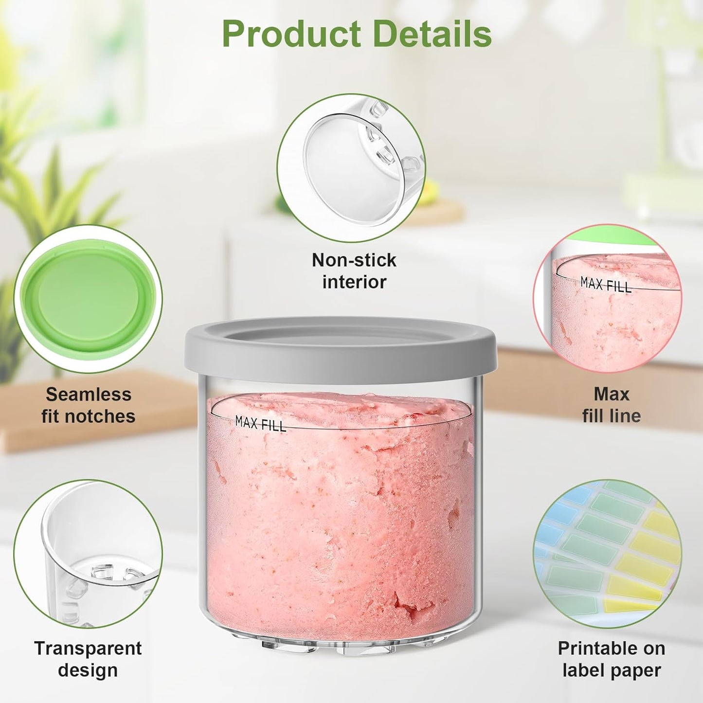 4 Pack Creami Pint Containers and Lids for Ninja with 4 spoons and writable labels, Compatible with Ninja NC299 NC300 NC301 Series Creami Maker Machine Accessories, BPA Free & Dishwasher Safe, Grey