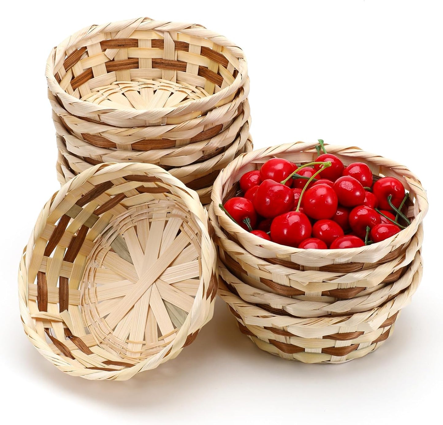 12 Pack Round Gift Baskets, 7" Small Bamboo Woven Bread & Fruit Baskets, Food Storage Serving Basket for Kitchen, Restaurant, Centerpiece Display, Party, Wedding