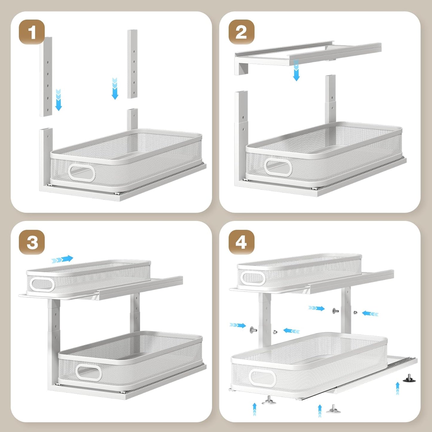 2 Pack 21IN-Depth Under Sink Organizer With Next-Gen Ball-Bearing Slides,2-Tier Precision Mesh Pull Out Cabinet Storage for Bathroom&Kitchen,Height Adjustable Drawers Shelf,Anti-rust-White