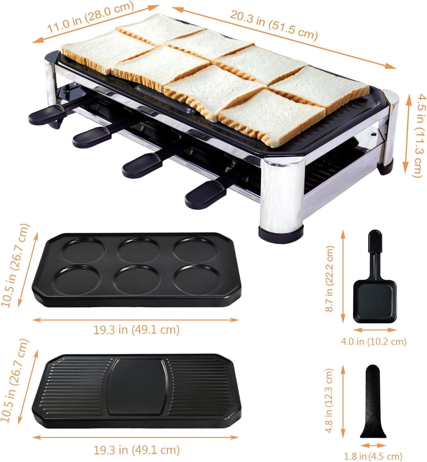 TAMARIT 8-Person Raclette Grill, Electric Party Grill with Nonstick grill & crepe Plates, 8 Pans & Spatulas, 1500W (Indoor), Stainless Steel