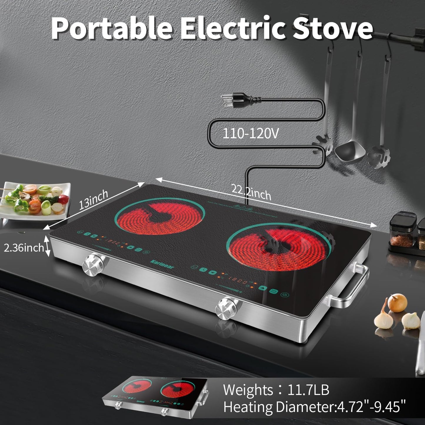 Karinear 2 Burner Electric Cooktop 110V, Portable Electric Stove with Handle, Knob Control Electri Hot Plate, Ceramic Countertop Burner, Timer, Safety Lock, 9 Power Level, 2000W, 24 inch(Green)
