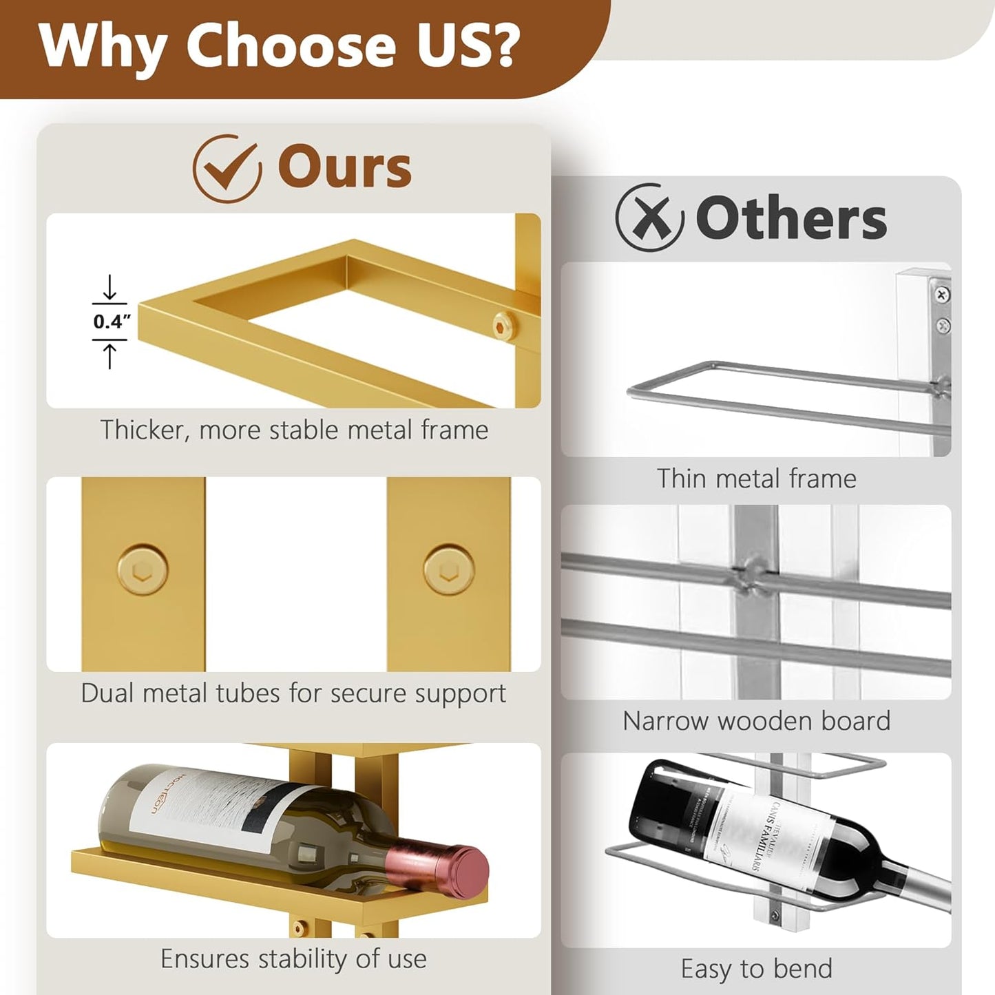 Hoctieon 3-Set 8 Tier Wall Mount Wine Rack (24 Tiers), Wall Racks for Wine Bottles Display and Storage, Hanging Bottle Organizer for Living Room, Dining Room, Wine Cellar, Bar, Gold