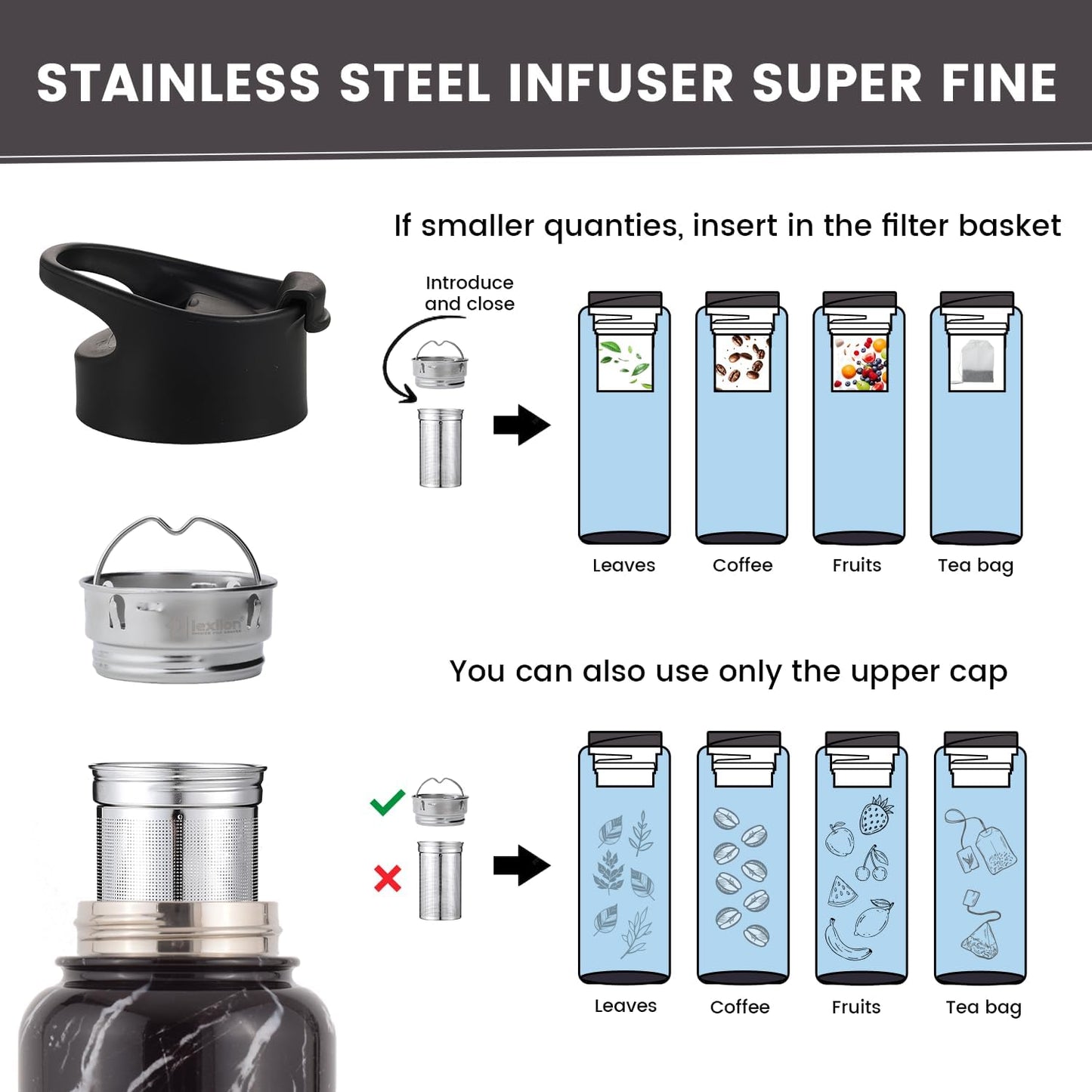 lexlion Tea Infuser Bottle - Fruit Infuser Water Bottles 22 Oz, Triple Walled Insulated Stainless Steel Bottle, Thermal Leaf Infuser, Silicone Sleeve, 3 Lids Leakproof, Metal Mug Gallon