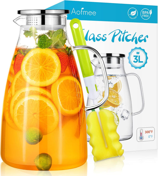 Aofmee 100 Oz Glass Pitcher, 3L Water Pitcher with Lid, Iced Tea Jar with 304 Stainless Steel Lid and Spout, Heat Resistant Jug for Sun Tea, Water Carafe for Cold or Hot Beverage Serveware Juice