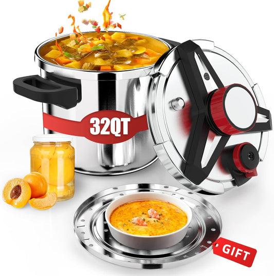 3-In-1 Stainless Steel Pressure Cooker 32 QT: [Save 70% Time] [3 PSI Settings], One-Hand Locking Pressure Canner, Induction Compatible, Glass Lid & Steamer Rack Included, Olla de Presion