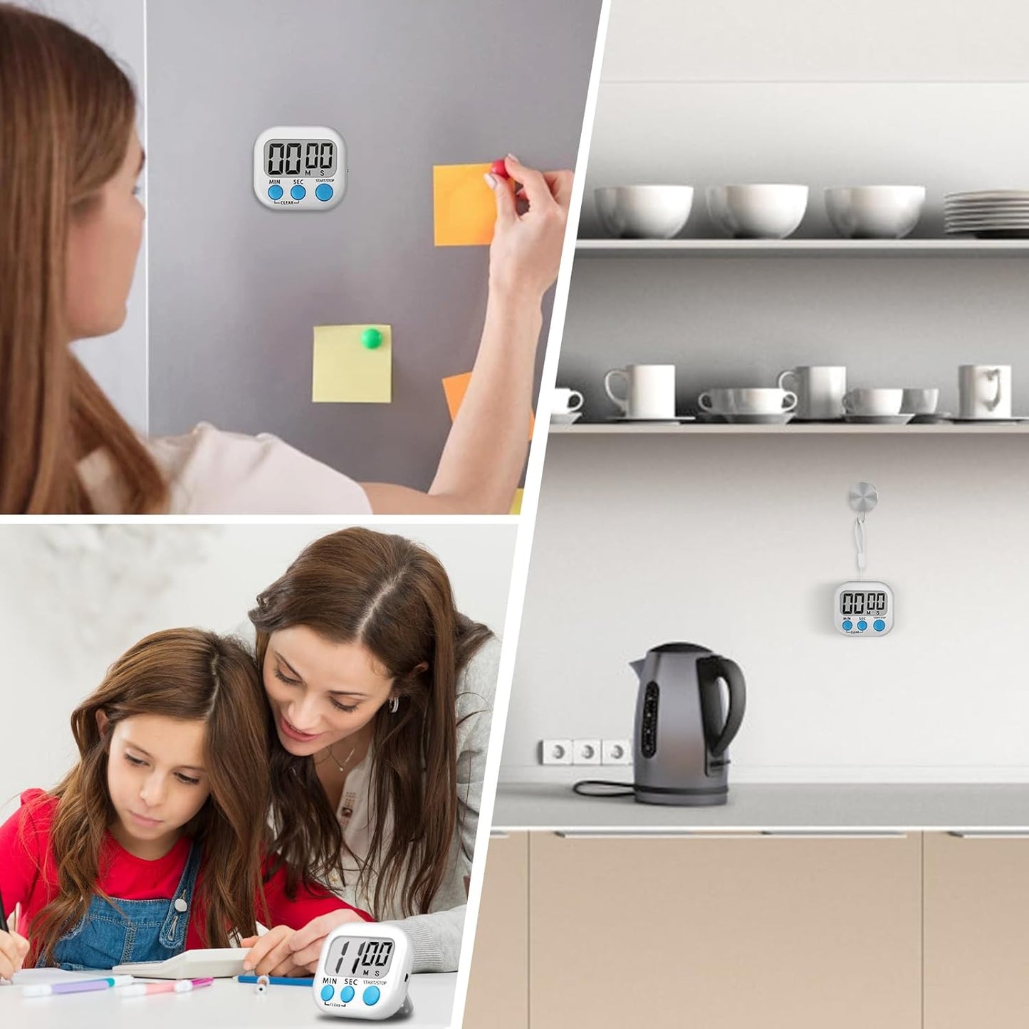 ZILLEEN Kitchen Timer Digital with Magnetic Back for Kids Classroom, White 6 Pack