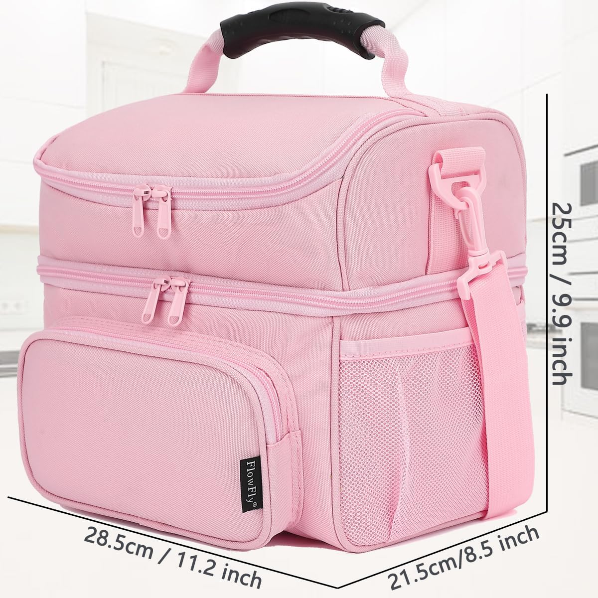 FlowFly Double Layer Cooler Insulated Lunch Bag Adult Lunch Box Large Tote Bag for Men, Women, With Adjustable Strap,Front Pocket and Dual Large Mesh Side Pockets