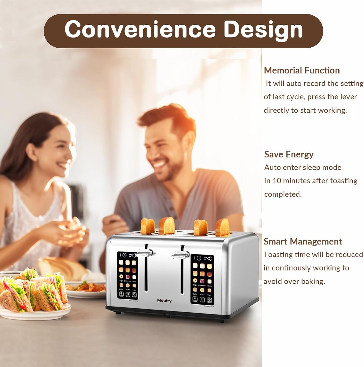 Mecity 4 Slice Toaster with Touch Screen Control, 4 Wide Slots, Stainless Steel Smart Bread Toaster for Bagels, Muffins, Waffles, Dual Control Panel, Timer, Defrost, Reheat, 120V 1650W