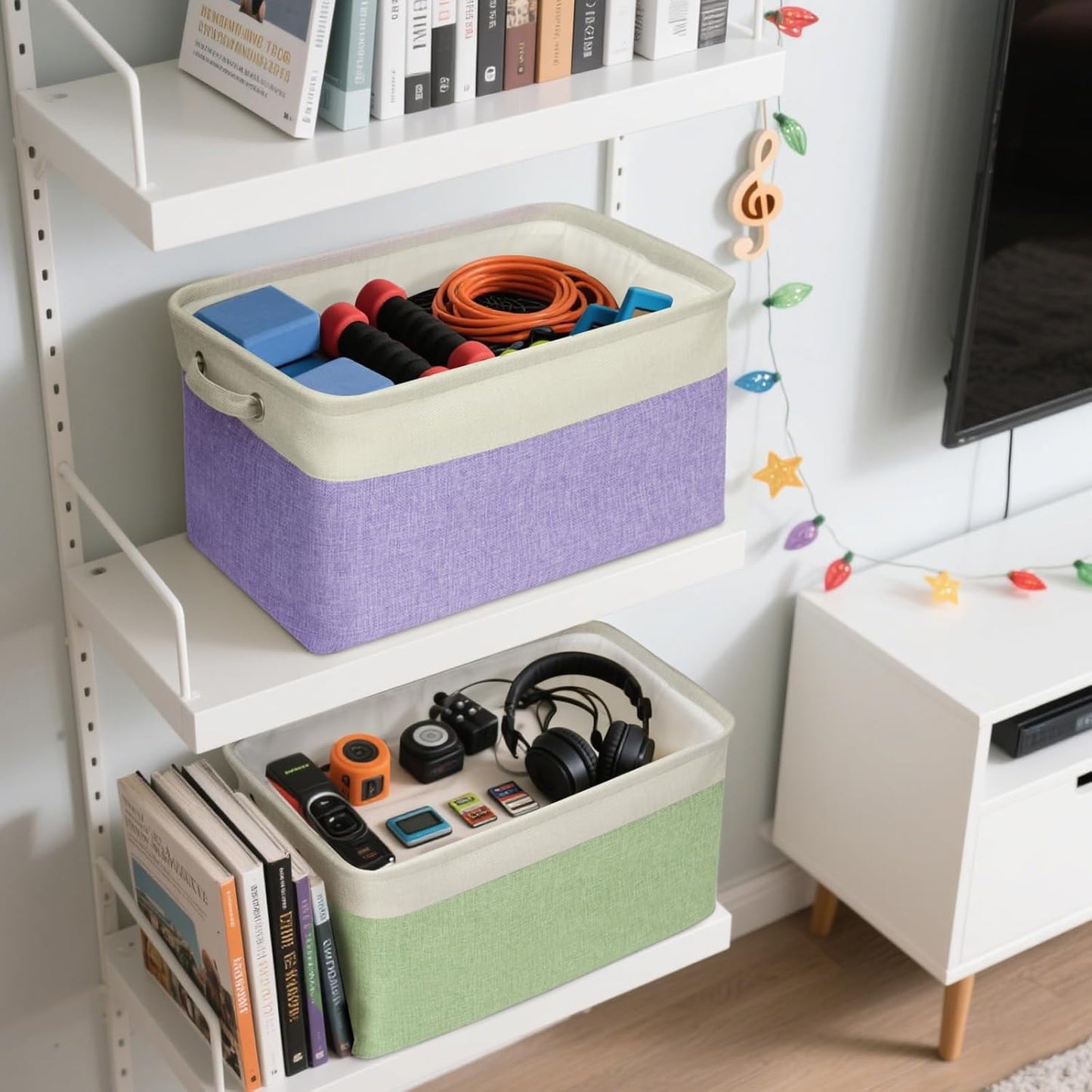 BALEINE 4 Pack Fabric Storage Bins for Shelves, Linen Storage Baskets for Organizing, Decorative Closet Bins for Clothes, Home (Lavender, 15''x11''x9.5'')