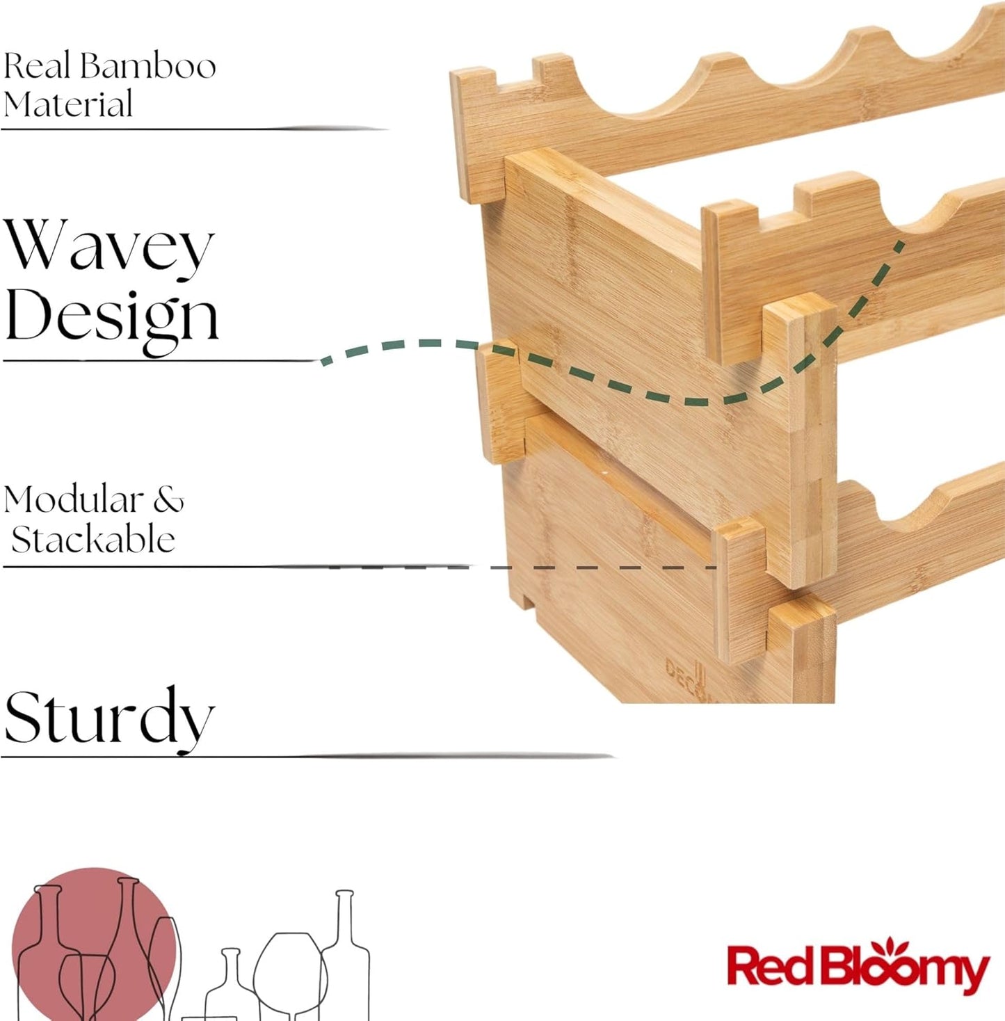 Stackable Bamboo Wine Rack for 72 Bottle, 8-Tier and Sturdy, Free Standing, Modular Wine Storage, Wine Bottle Storage for Cellar, Kitchen and Dining Room (18 Bottle)