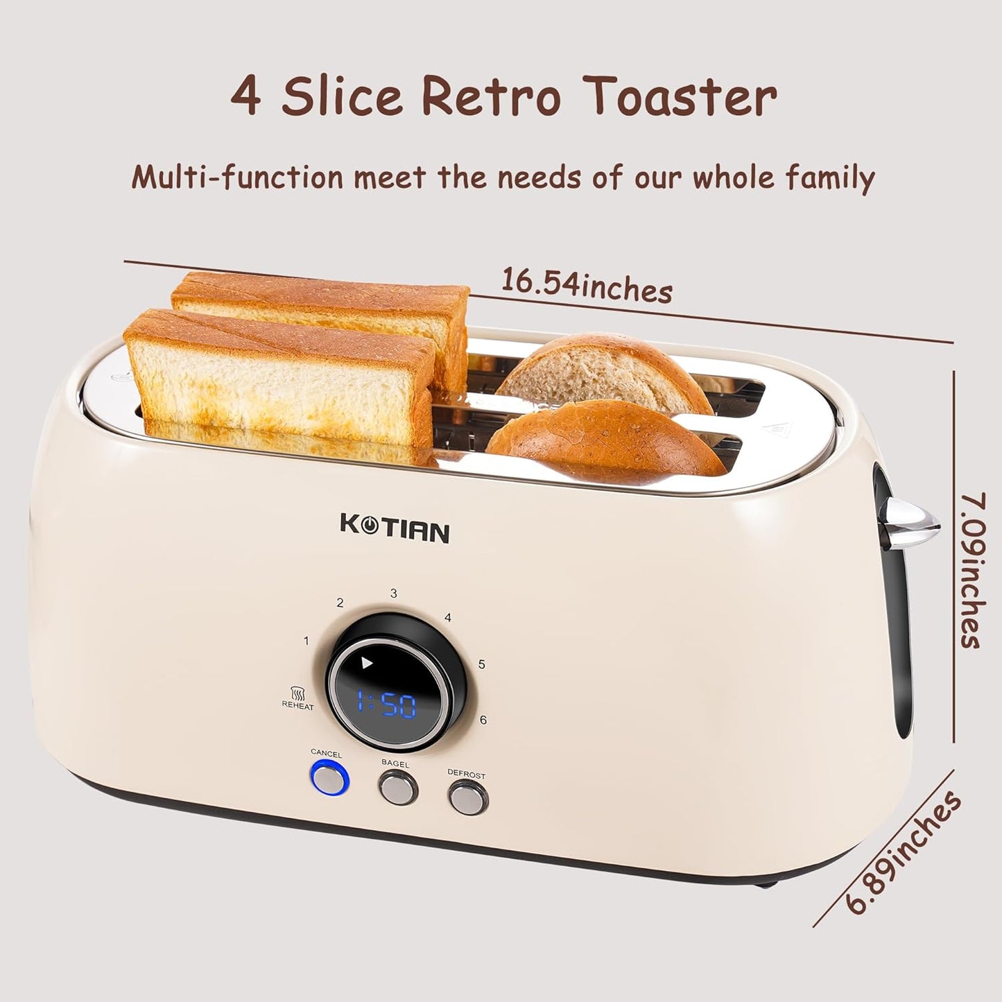 Toaster 4 Slice, KOTlAN Retro Long Slot Toasters with CountdownTimer,Stainless Steel Toaster,Bagel,Defrost,Reheat,Cancel Functions,Extra Wide Slots,6 Toast Settings,Removable Crumbs Tray,White