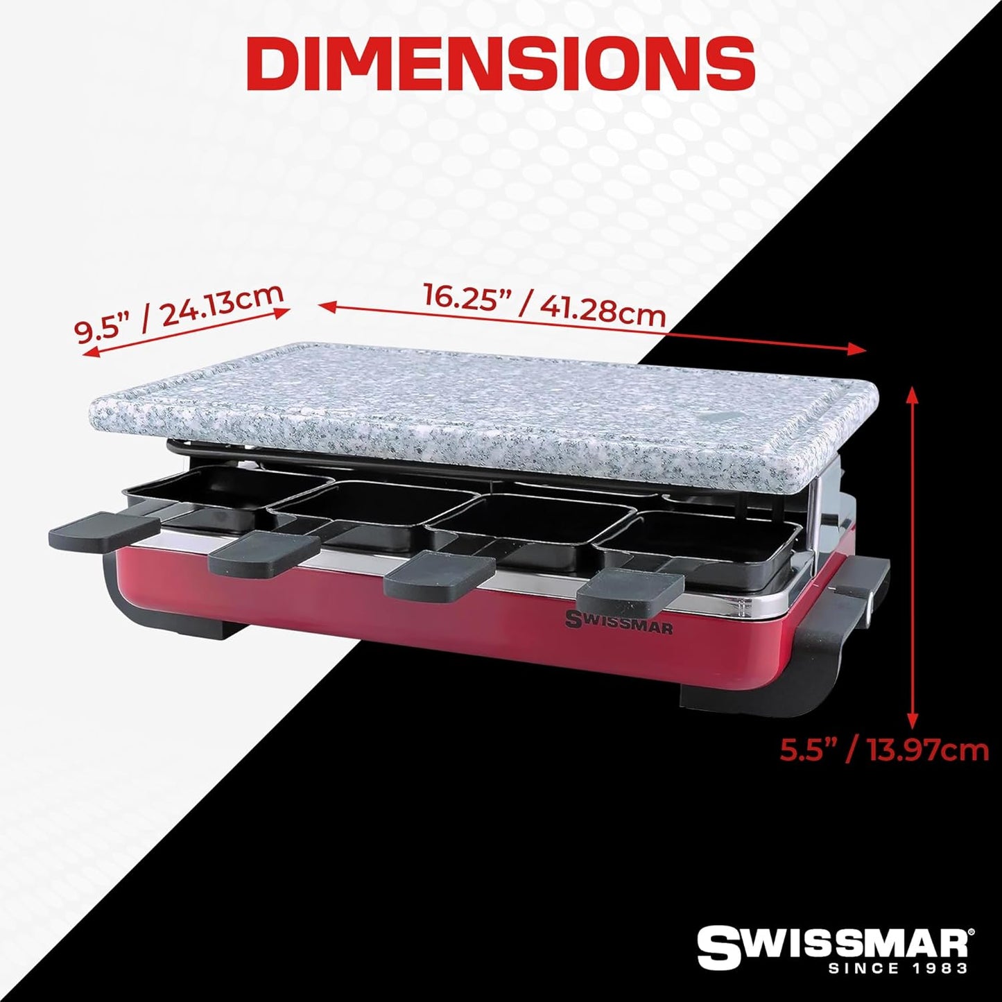 Swissmar Classic 8-Person Raclette Party Grill - Indoor Electric Grill & Griller with Granite Stone Grill Plate - Red