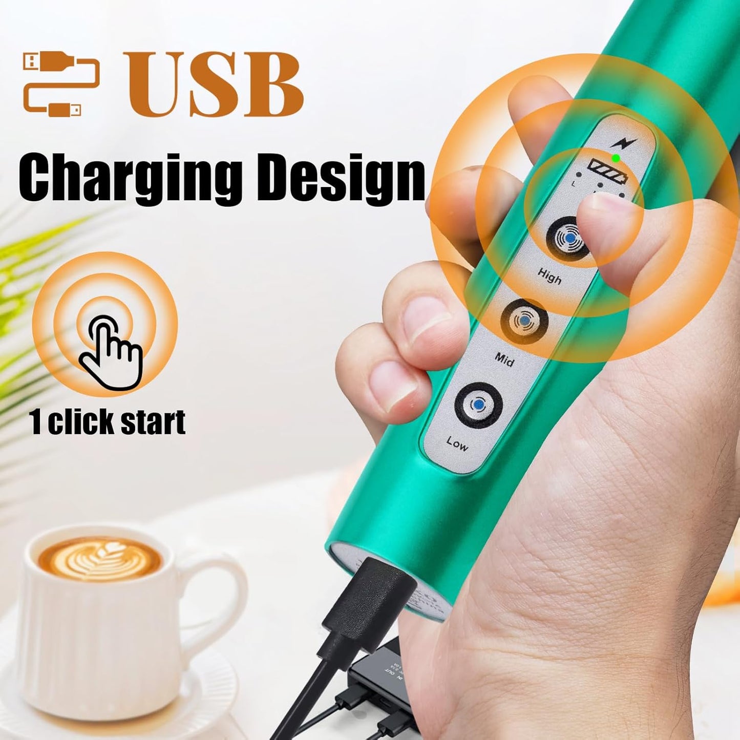 Nahida Turquoise Milk Frother Wand for Coffee, Frother Handheld Rechargeable Electric Whisk with 3 Heads 3 Speeds Drink Mixer Coffee Frother Foam Maker For Latte, Cappuccino, Hot Chocolate, Egg