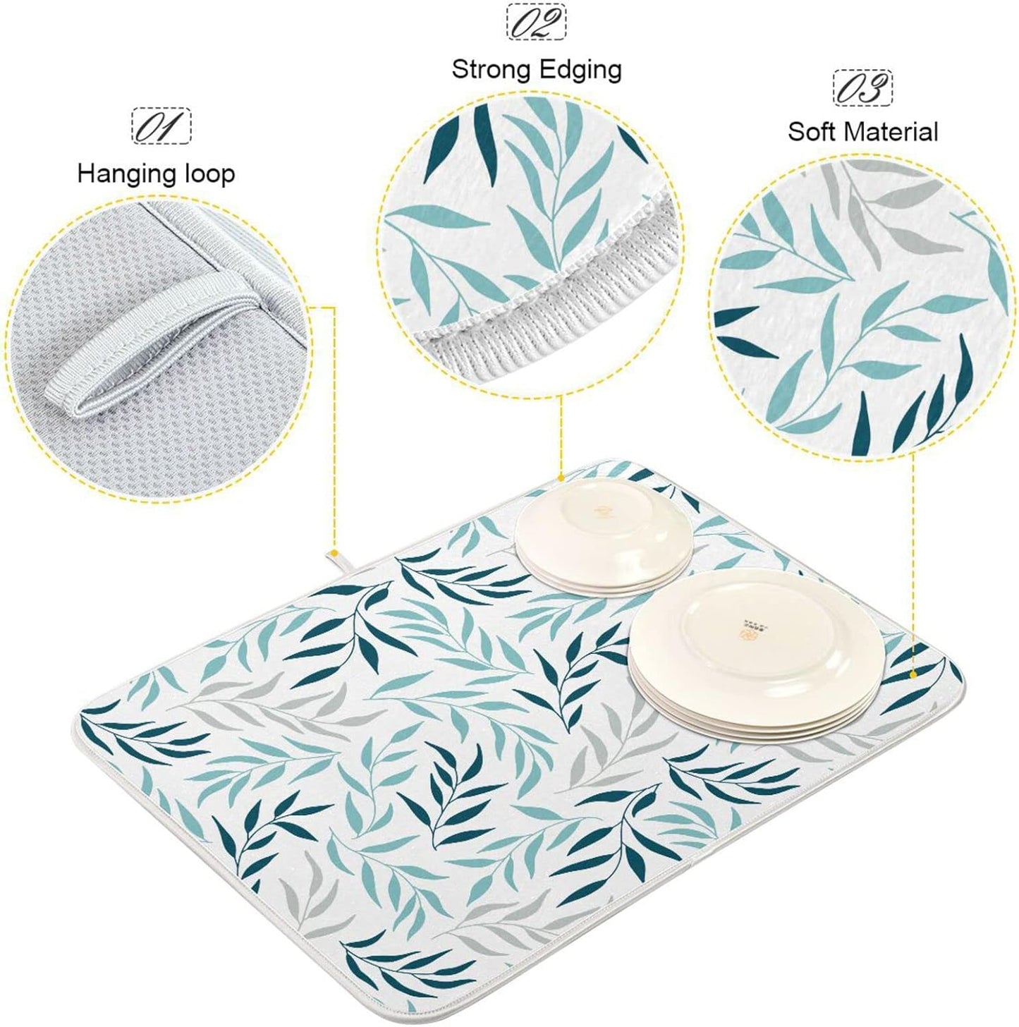 Blue Grey Olive Leaves Dish Drying Mat for Kitchen Counter Absorbent Microfiber Drying Pad, Large 18x24 in, Reversible Drainer Mats