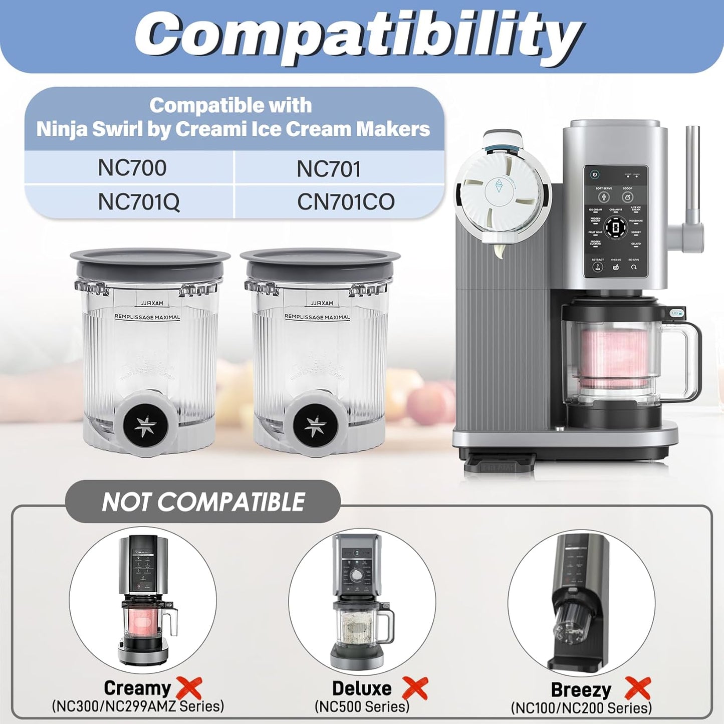 NANOBABY Pints and Lids Replacement Compatible with Ninja Swirl by Creami NC700 Series Ice Cream Makers, 16oz Cup Containers Replacement for Creami Swirl NC701 NC701Q CN701CO, 2-Pack, BPA Free, Clear