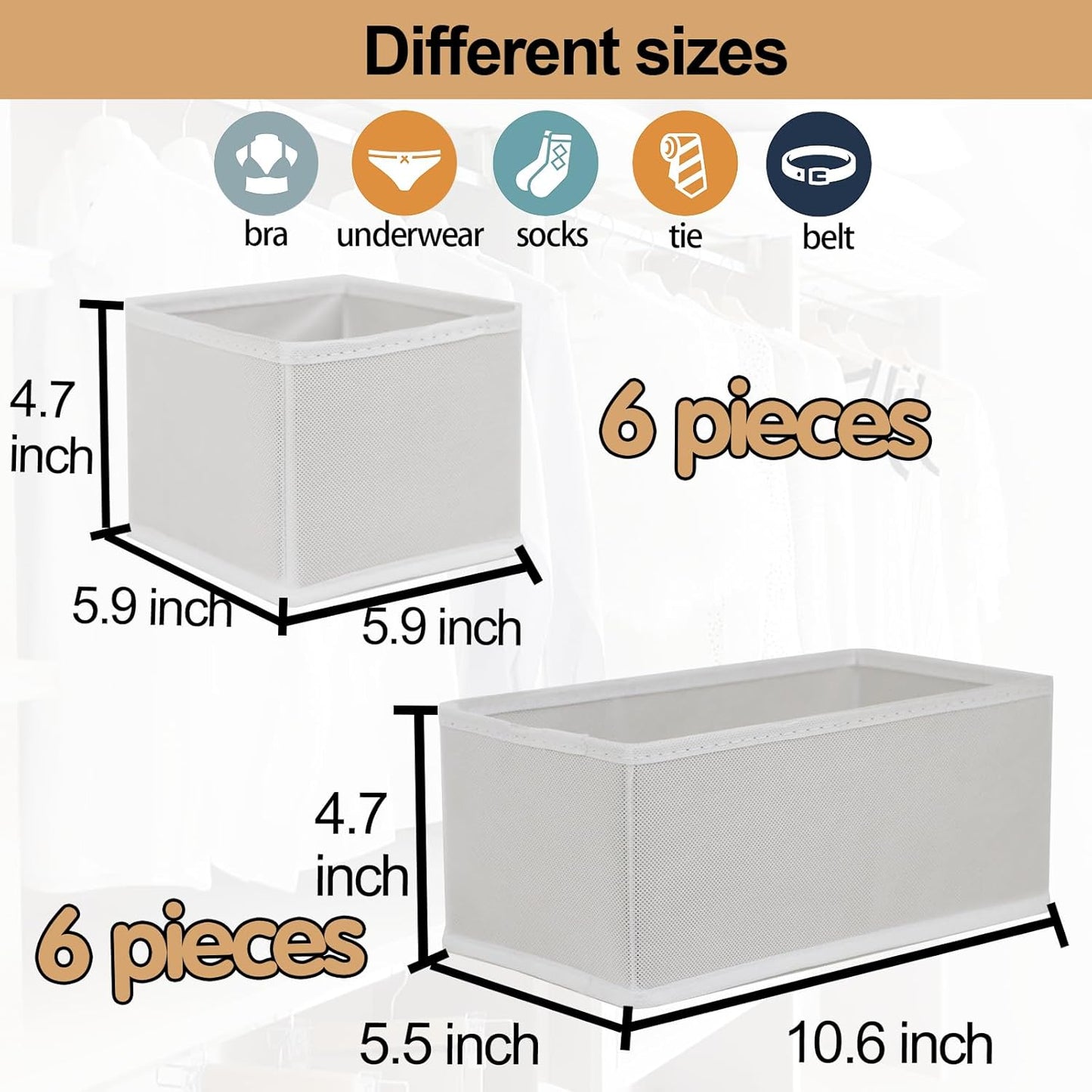 Set of 12 Drawer Organizer, Fabric Closet Organizer and Storage Baskets,Foldable Drawer Divider for Clothing,Sock,Ties,Underwear Drawer Organizers,Set of Cabinet Storage Boxes (White)