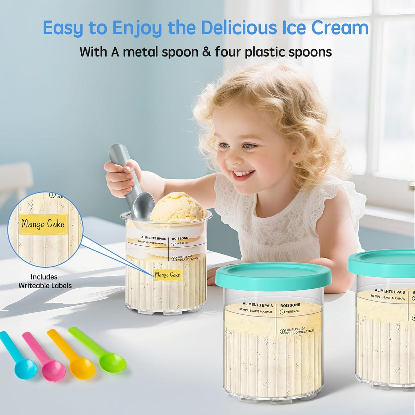 GuanQiao 4 Pack Creami Deluxe Pints & Lids for Ninja, 24 Oz Compatible with NC500 NC501 Series Ice Cream Makers, with 4 Spoons & 64 Writable Labels, BPA-Free & Dishwasher Safe, Blue