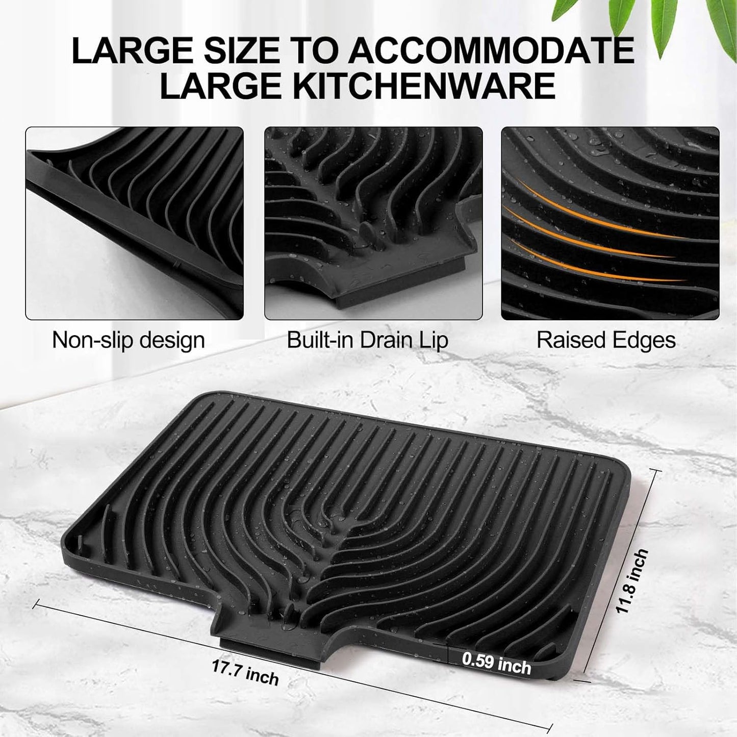 Silicone Dish Drying Mat for Kitchen Counter with Built-in Drain, Easy Clean Pad for Countertop Protection, Fast Self-Draining Slope, Non-Slip, Multiple Use 18 x12 Inch(Black)