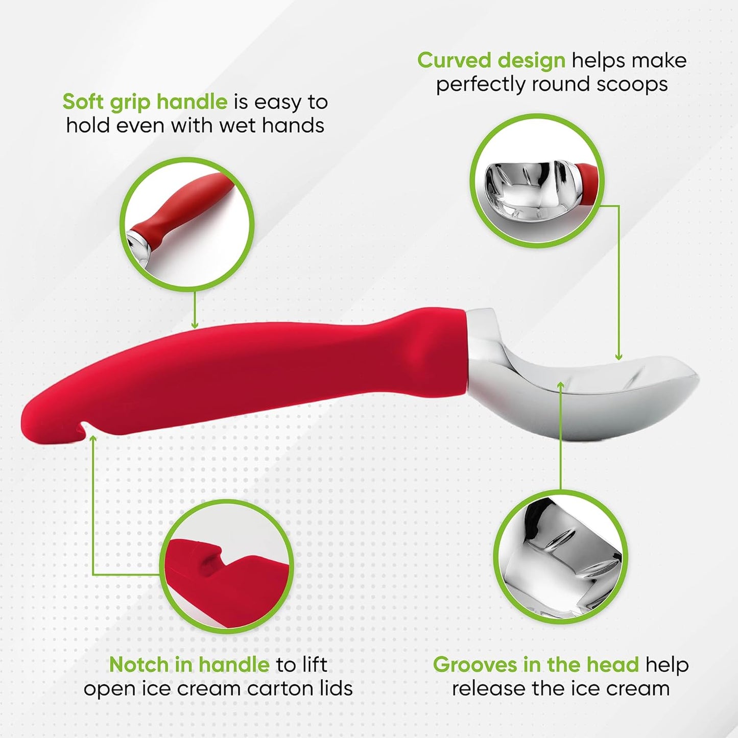 Spring Chef Red Heavy Duty Ice Cream Scoop with Non-Slip Handle, Professional Ice Cream Spoons for Gelato, Sorbet, Frozen Yogurt, Sorbet, Cookie Dough, Melon - Dishwasher Safe - 2 Pack