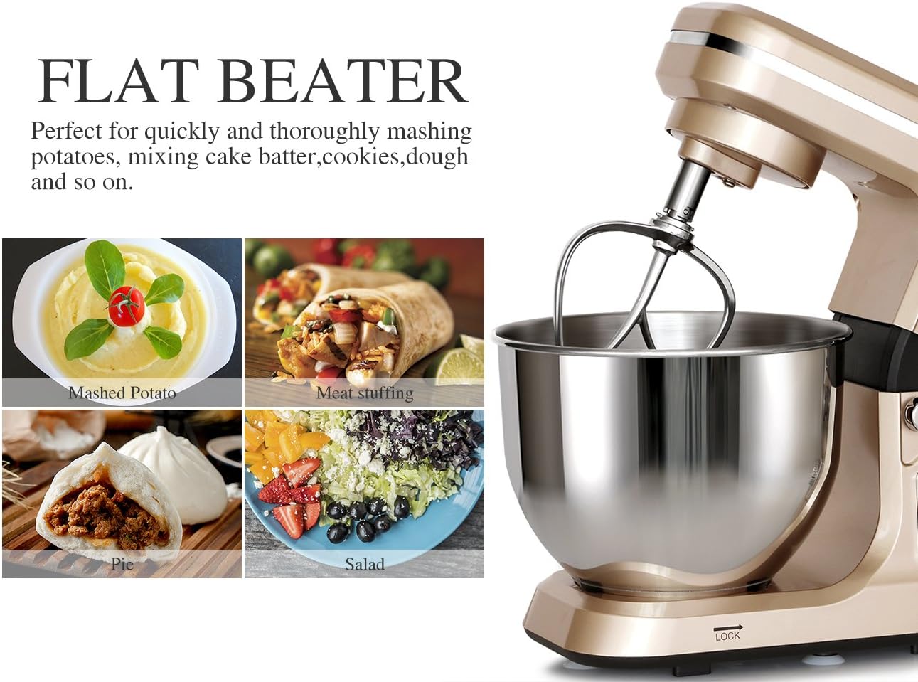 Stand Mixer,5.3-Qt & 500W & 6+P Speed MK36 Tilt-Head Kitchen Electric Food Mixers Home Baking Dough Machine with Accessories (Champagne)