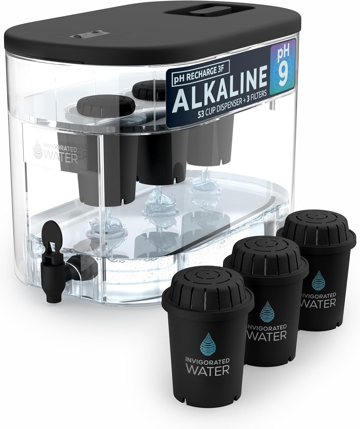 Invigorated Water - Alkaline Countertop Water Filter Dispenser, Large 52-Cup Capacity, Mineralized Alkaline Water, BPA-Free, 96 Gallons/Filter (Black, 3 Filters Included)