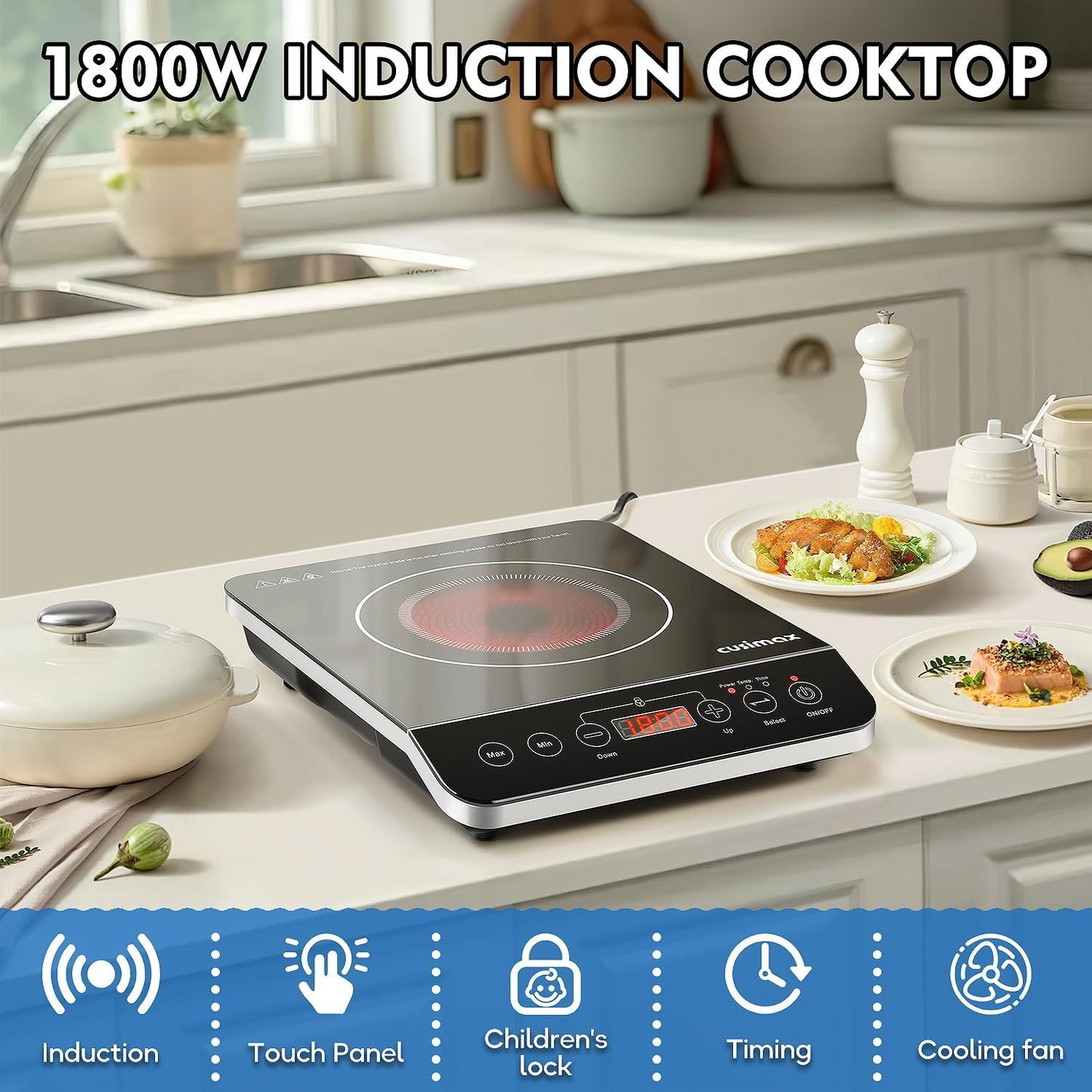 CUSIMAX Induction Cooktop,1800W Portable Induction Burner with Sensor Touch,Kids Safety Lock,10 Temperature and 9 Power Setting induction hot plate with Timer