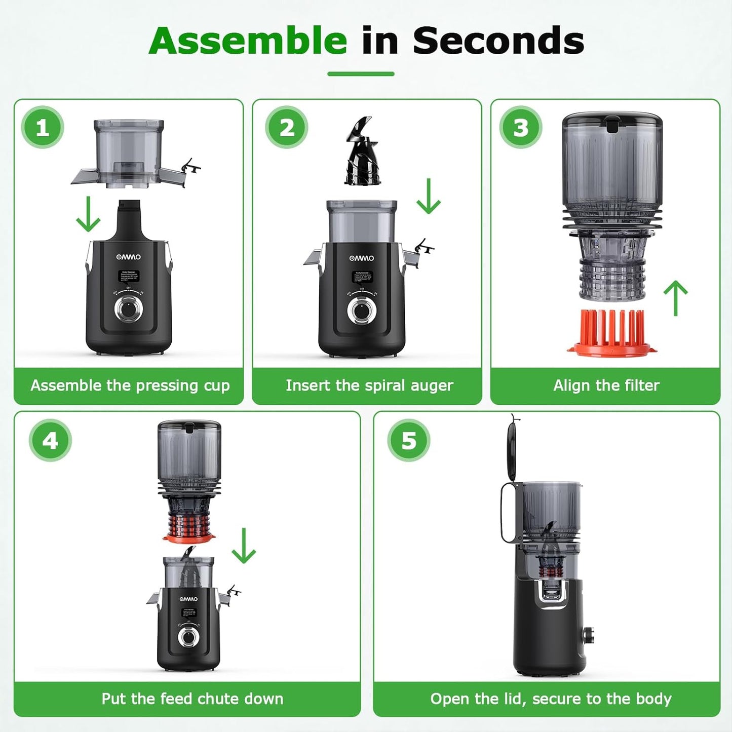 OMMO Cold Press Juicer Machines: 5.1" Wide Chute for Whole Fruits & Veggies, BPA Free Slow Juicer Easy Clean, Beep Alert, Slow Masticating Juicers for Moms/Families/Fitness/Juice Life/Healthy Living