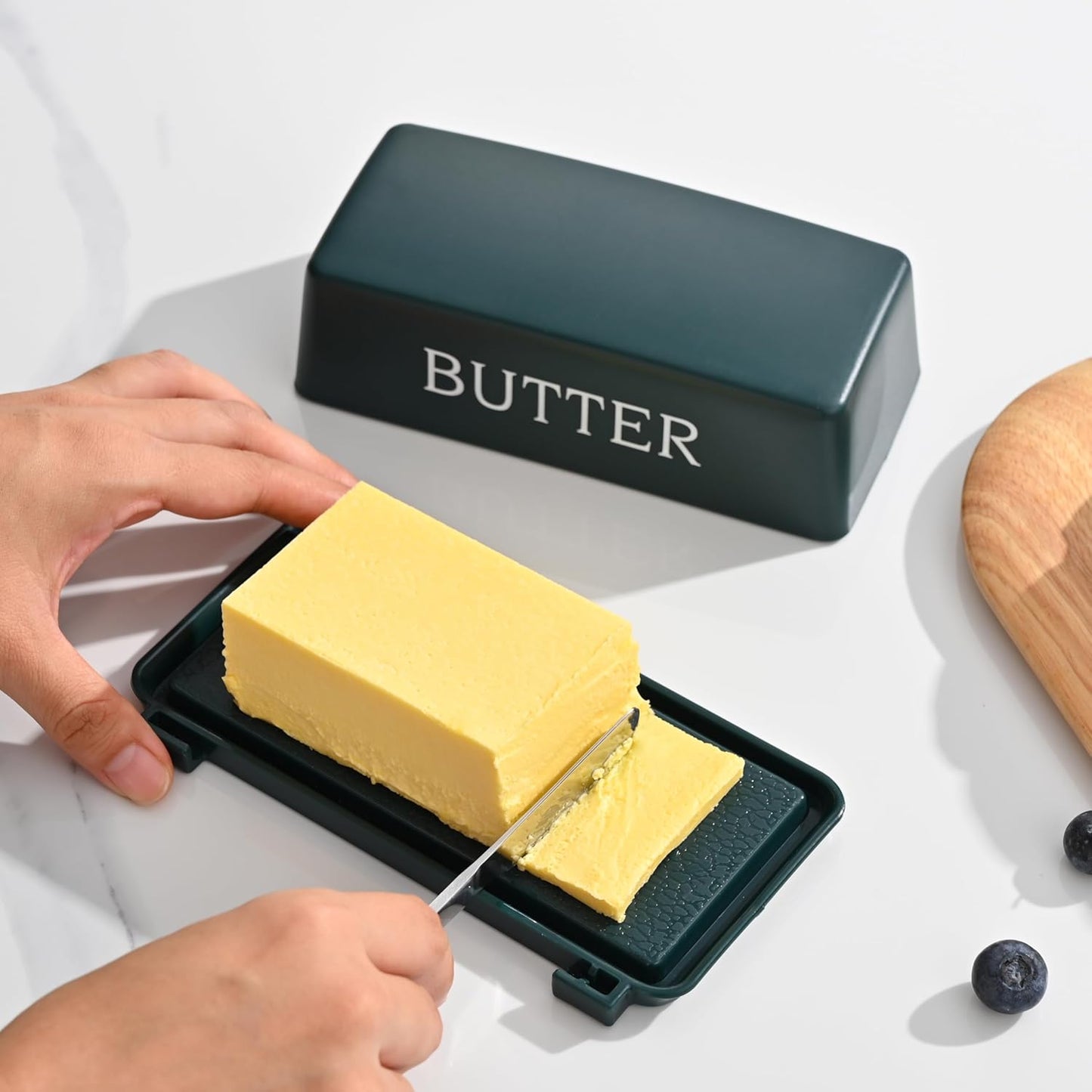 Butter Tray With Lid And Stainless Steel Knife,Large BPA Free Plastic Butter Dishes With Cover,Green Butter Storage Container Keeper