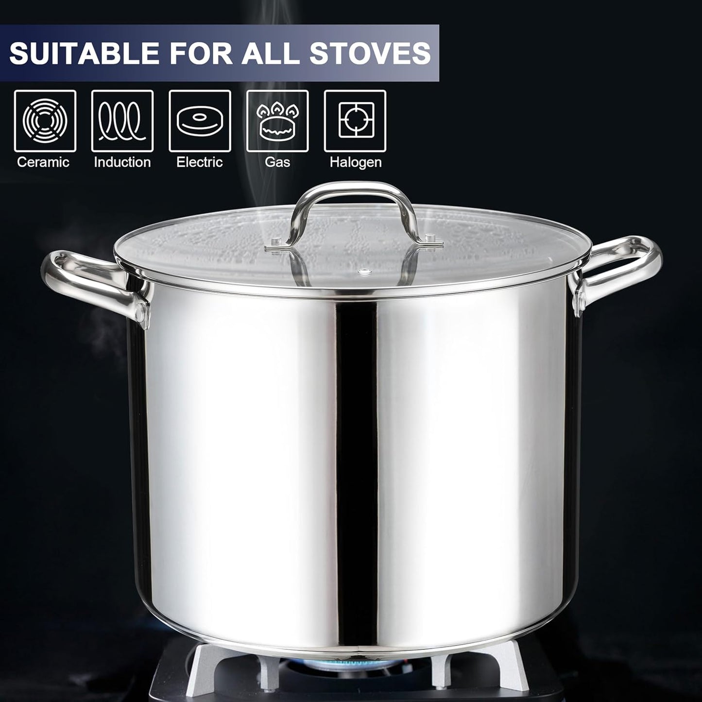 Stainless Steel Large Stock Pot, LIANYU 24 QT Heavy Duty Stockpot with Glass Lid, Deep Classic Soup Pot for Cooking Stewing Simmering, Thick Tri-ply Base & Stay-Cool Handle, Dishwasher Safe Cookware