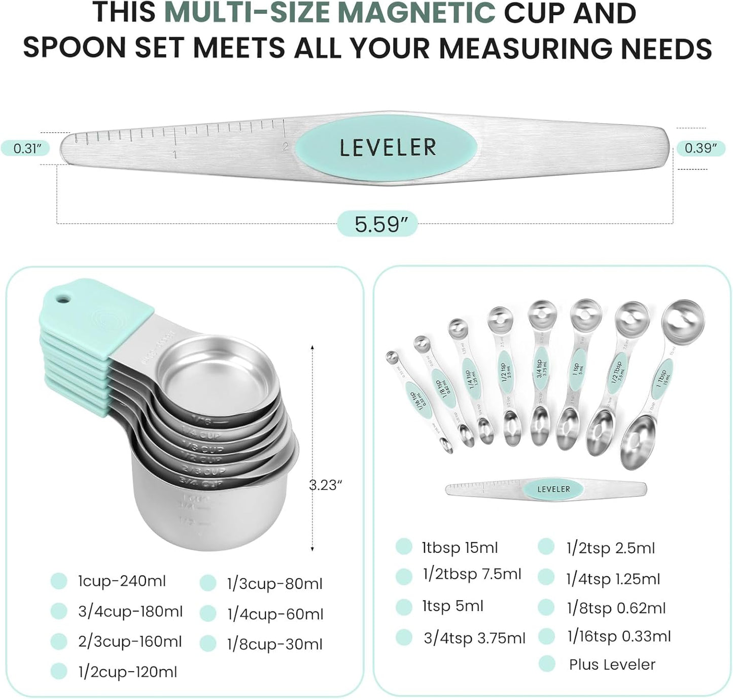 Magnetic Measuring Cups and Spoons Set-Heavy Duty 304 Stainless Steel，Double Measurement Markings，Set of 16 with Leveler for Measure Dry and Liquid Ingredients (Mint)